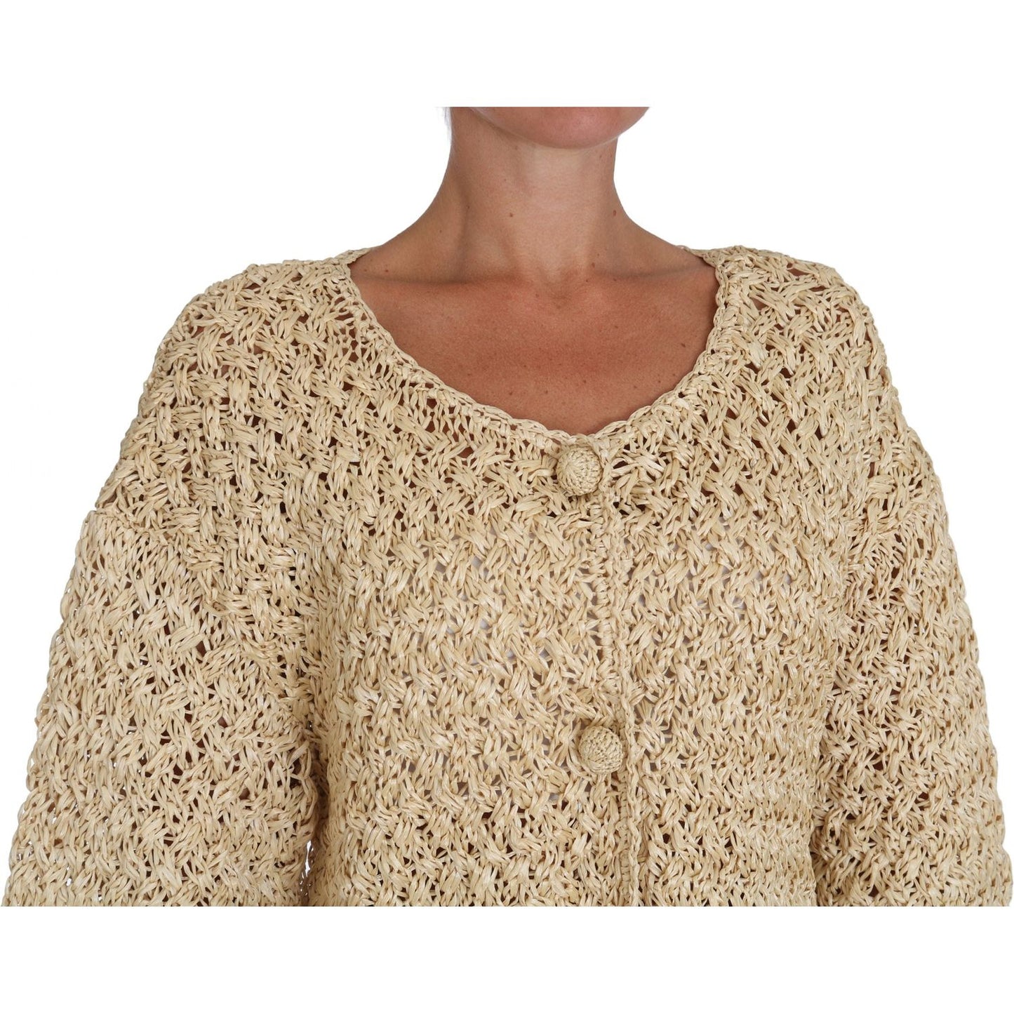 Dolce & Gabbana | Beige Cardigan Crochet Knitted Raffia Sweater | McRichard Designer Brands