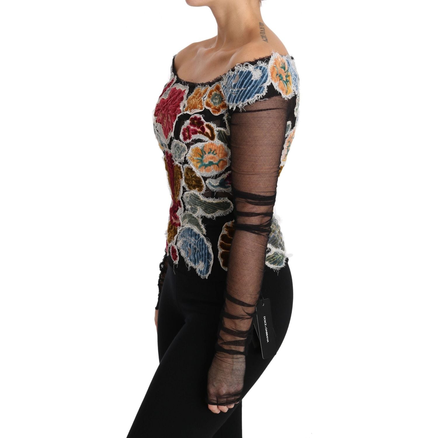 Dolce & Gabbana | Black Floral Ricamo Top T-shirt Blouse | McRichard Designer Brands