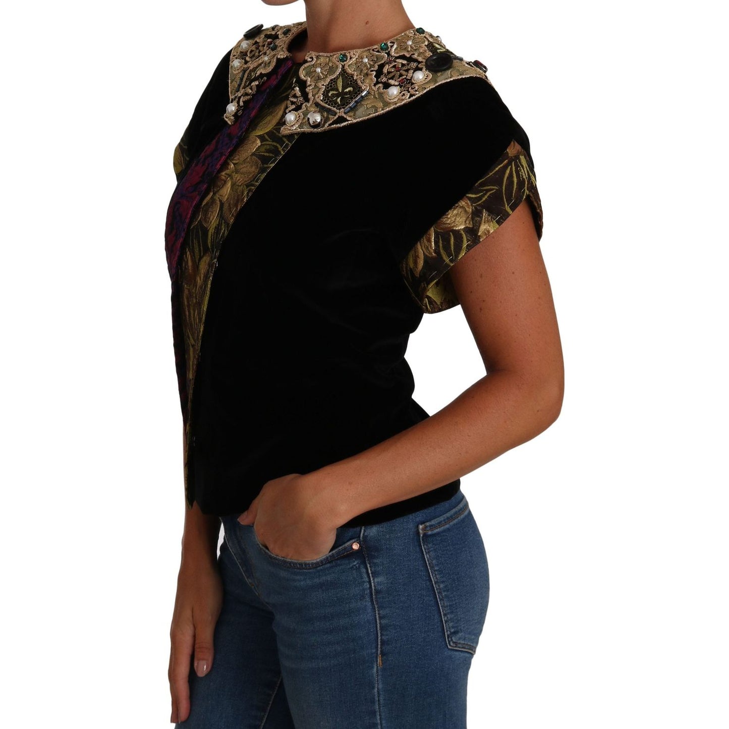 Dolce & Gabbana | Black Gold Embellished Jaquard Velvet Jacket | McRichard Designer Brands