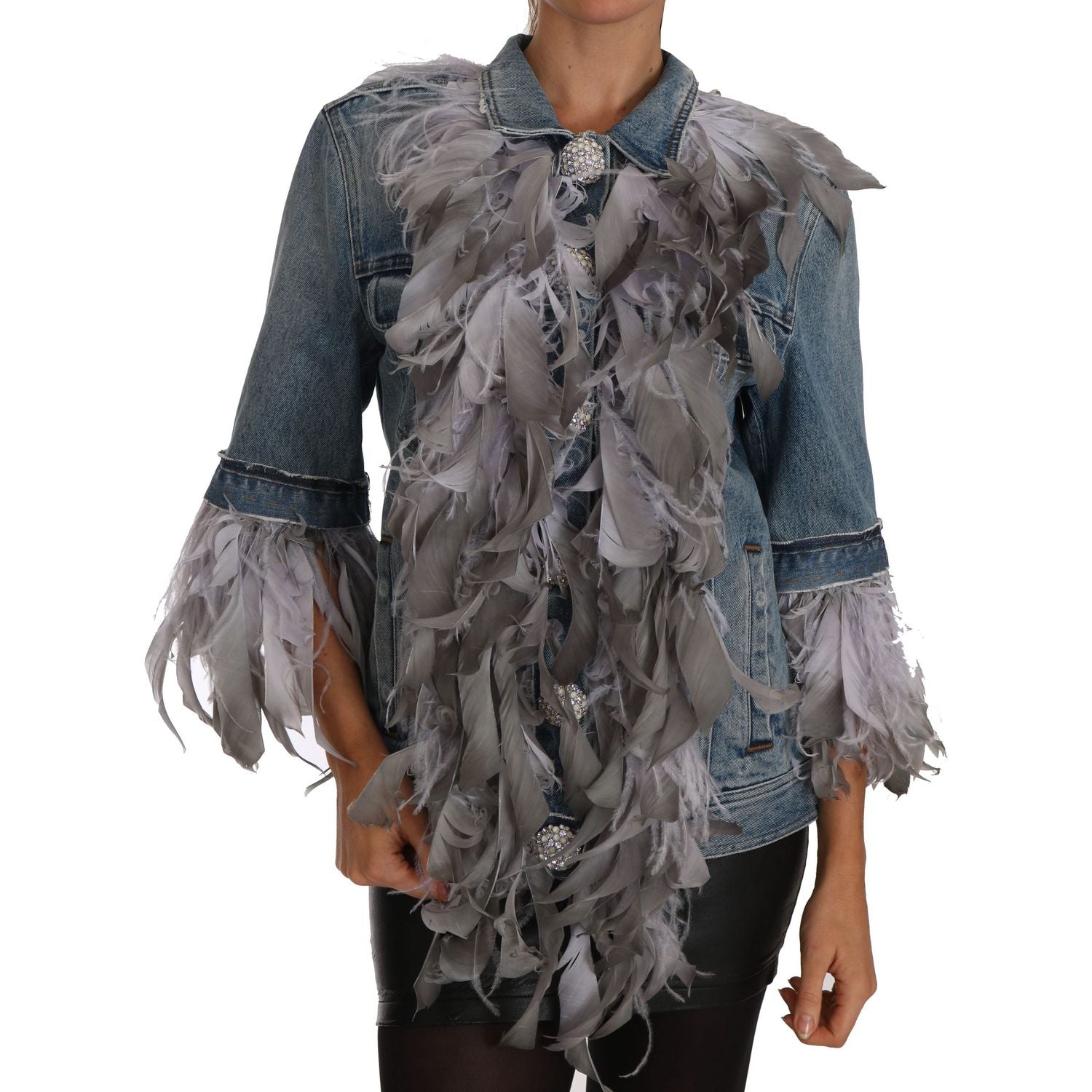 Dolce & Gabbana | Denim Jacket Feathers Embellished Buttons | McRichard Designer Brands