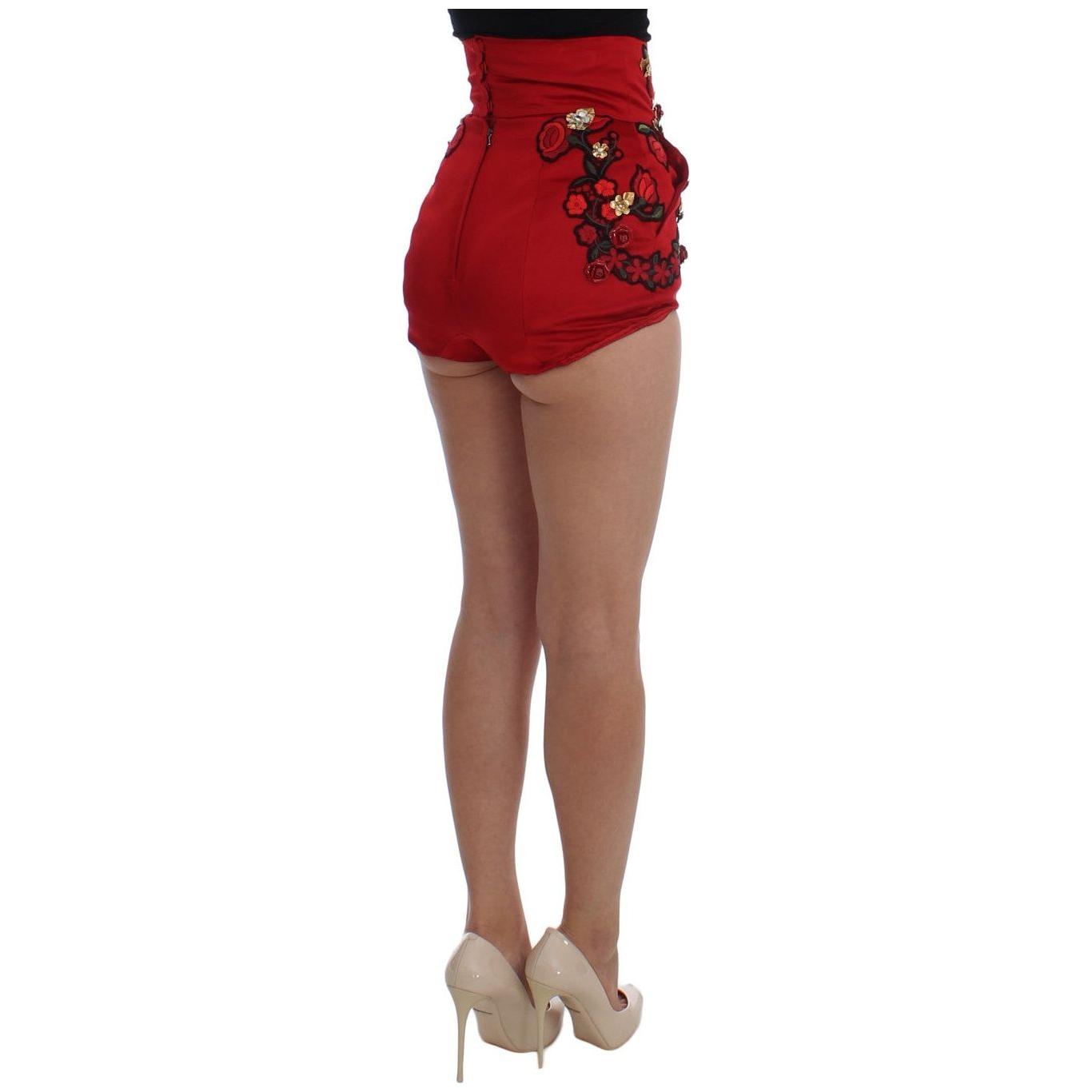 Dolce & Gabbana | Red Silk Crystal Roses Shorts | McRichard Designer Brands