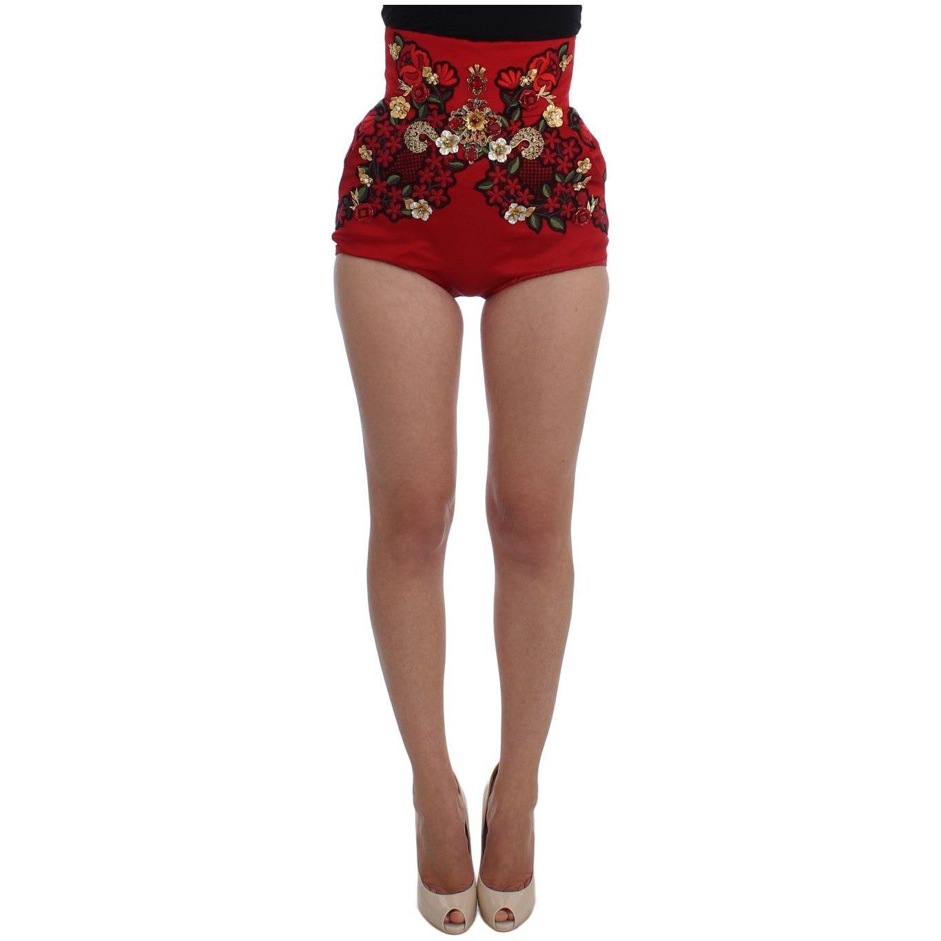Dolce & Gabbana | Red Silk Crystal Roses Shorts | McRichard Designer Brands