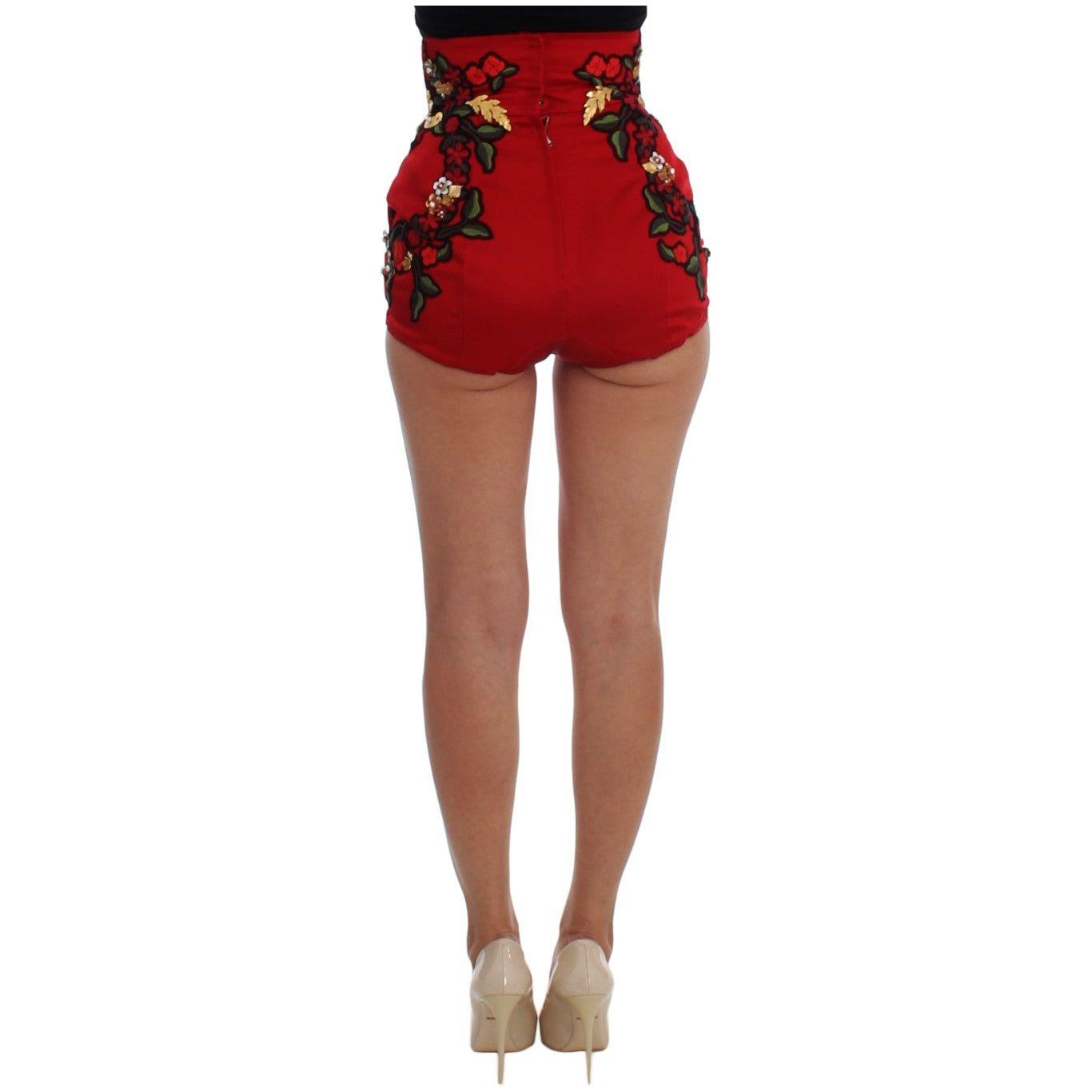 Dolce & Gabbana | Red Silk Pearls Roses Shorts | McRichard Designer Brands