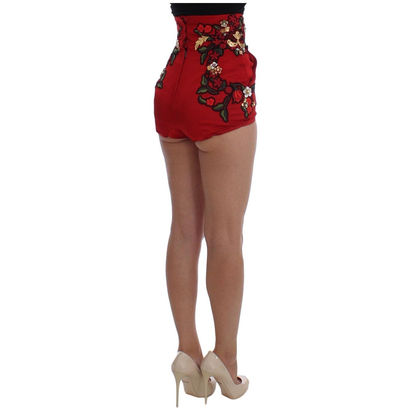 Dolce & Gabbana | Red Silk Pearls Roses Shorts | McRichard Designer Brands