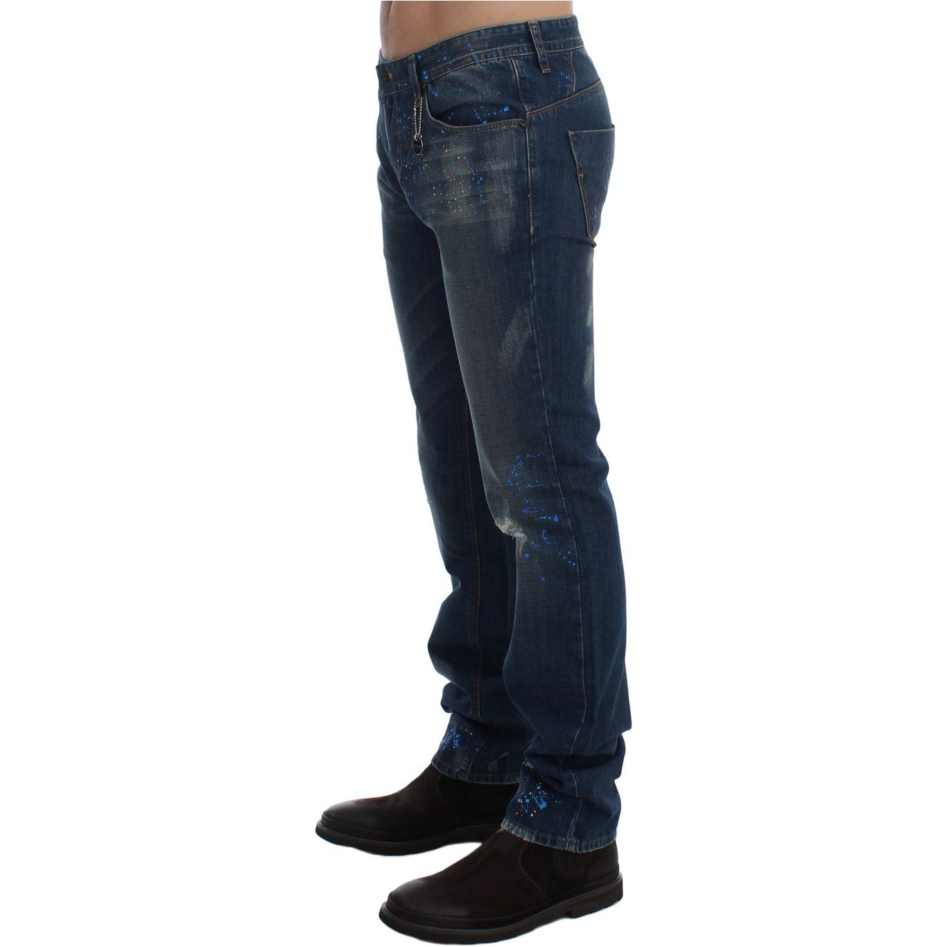 Costume National | Blue Wash Paint Slim Fit Pants Jeans | McRichard Designer Brands