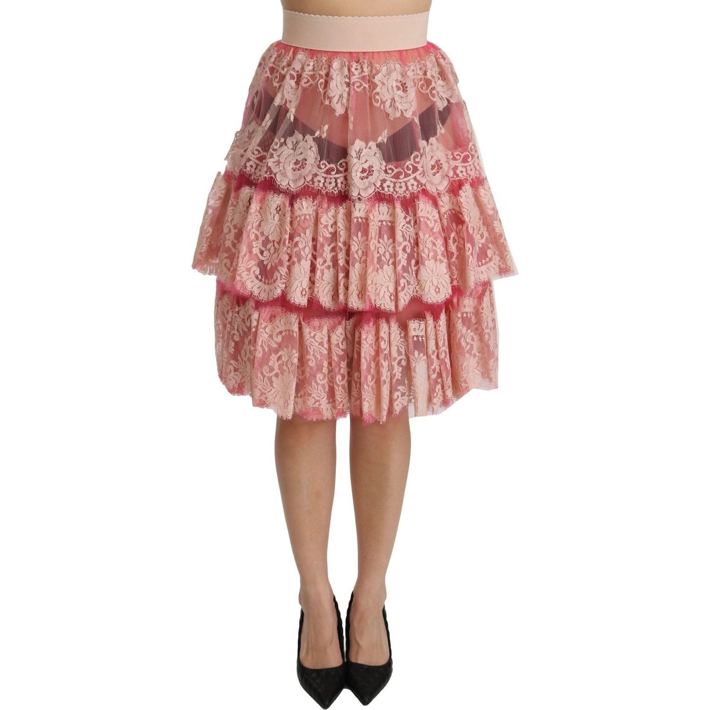 Dolce & Gabbana | Pink Lace Layered High Waist Knee Length Skirt | McRichard Designer Brands