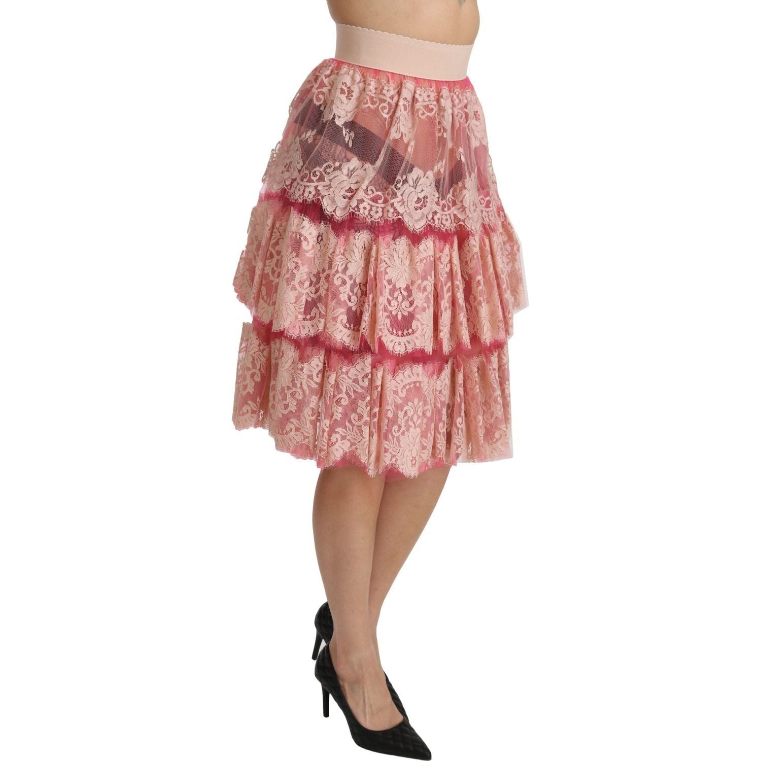 Dolce & Gabbana | Pink Lace Layered High Waist Knee Length Skirt | McRichard Designer Brands