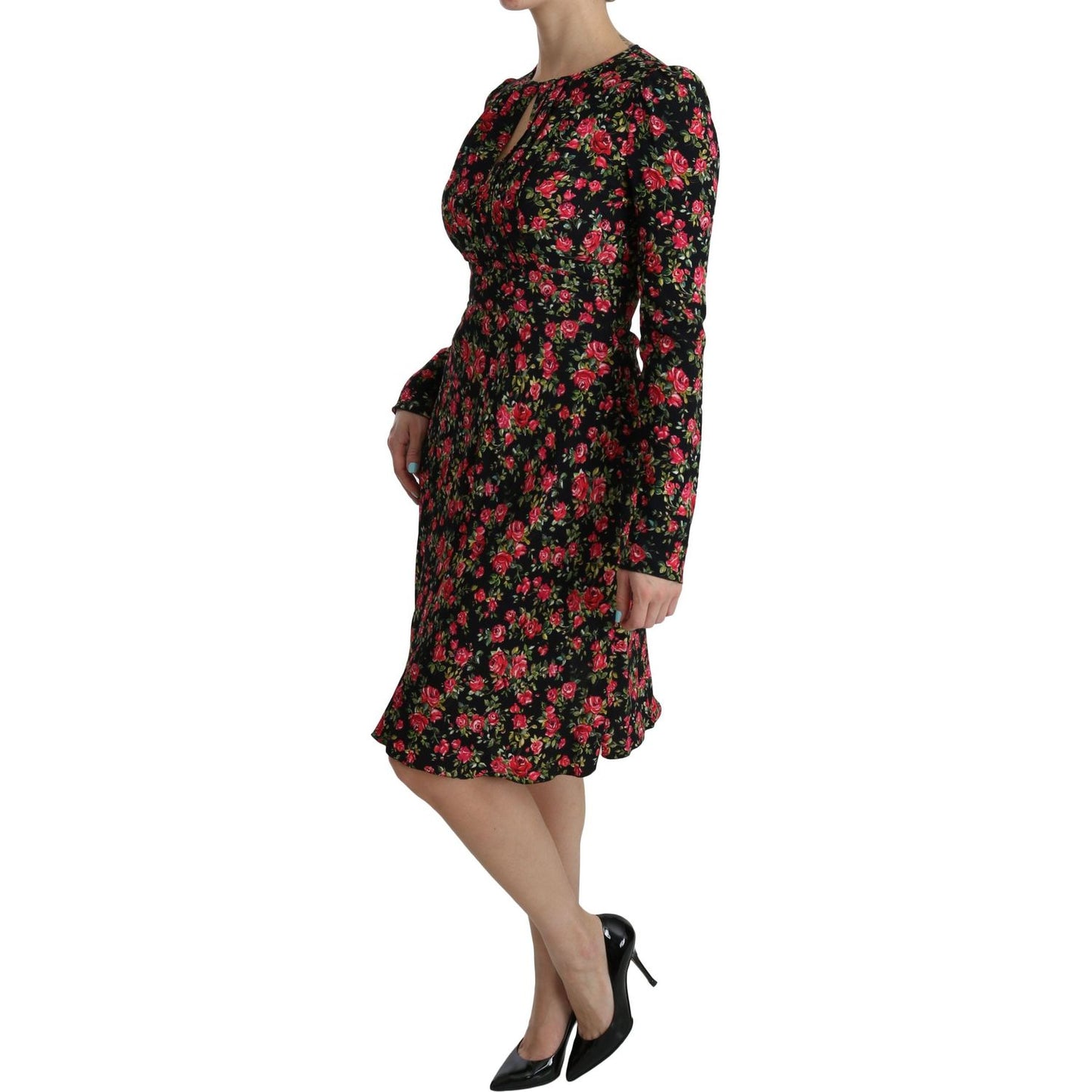 Dolce & Gabbana | Black Floral Longsleeve Knee Length Dress | McRichard Designer Brands