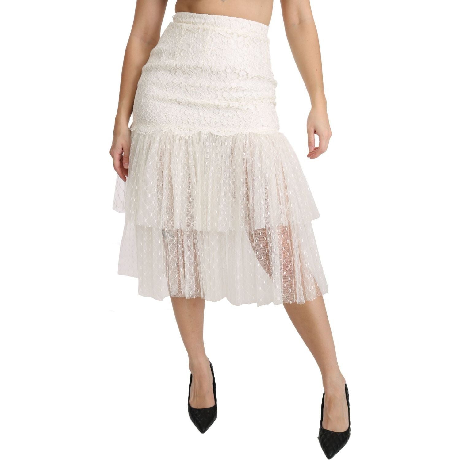 Dolce & Gabbana | White Lace Layered High Waist Midi Cotton  Skirt | McRichard Designer Brands