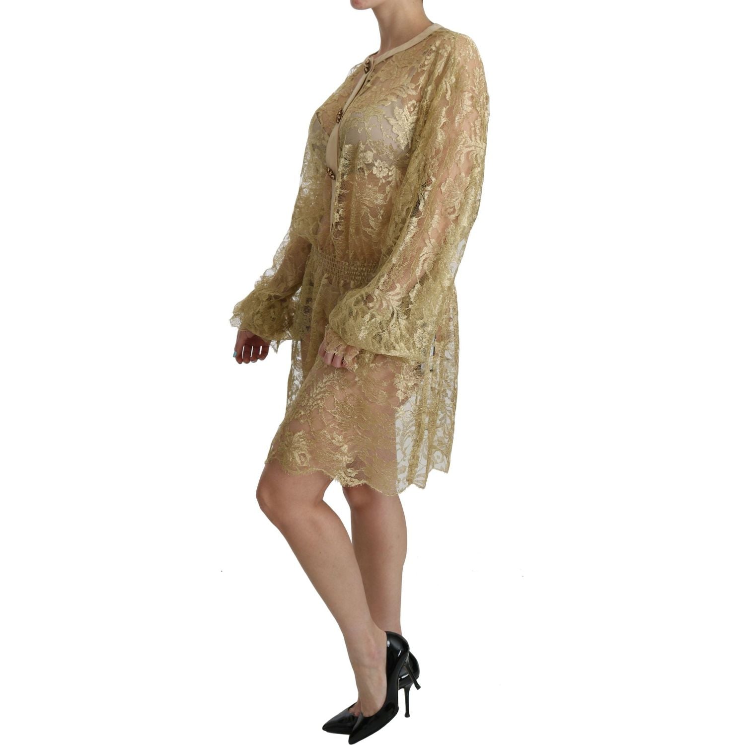 Dolce & Gabbana | Gold Lace See Through A-Line Knee Length Dress | McRichard Designer Brands