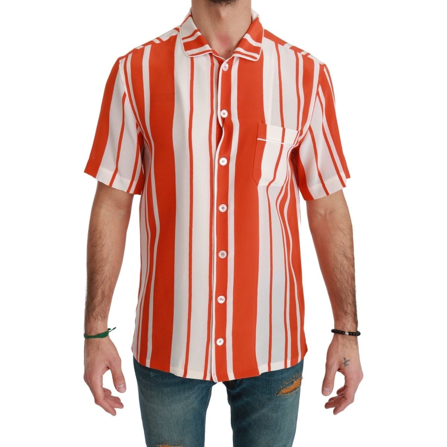 Dolce & Gabbana | Orange Silk Striped Short Sleeve White Shirt | McRichard Designer Brands