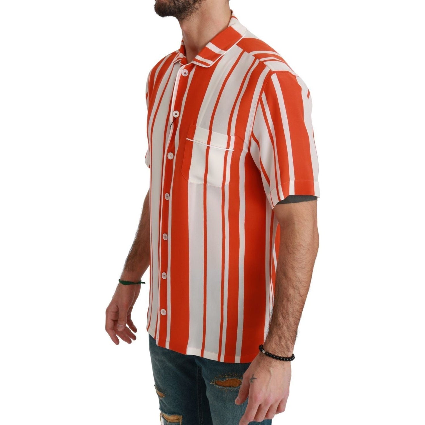Dolce & Gabbana | Orange Silk Striped Short Sleeve White Shirt | McRichard Designer Brands