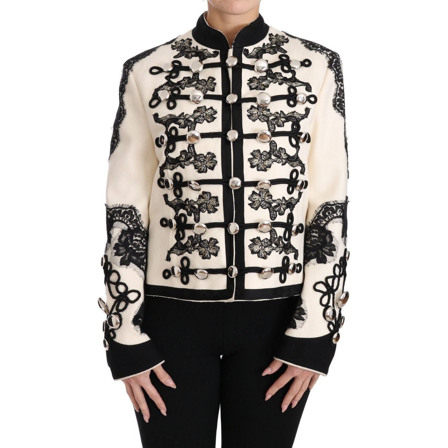 Dolce & Gabbana White Wool Black Floral Baroque Jacket