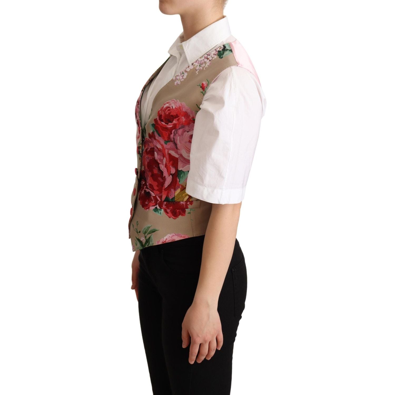 Dolce & Gabbana | Beige Jacquard Floral Print Waistcoat Vest | McRichard Designer Brands