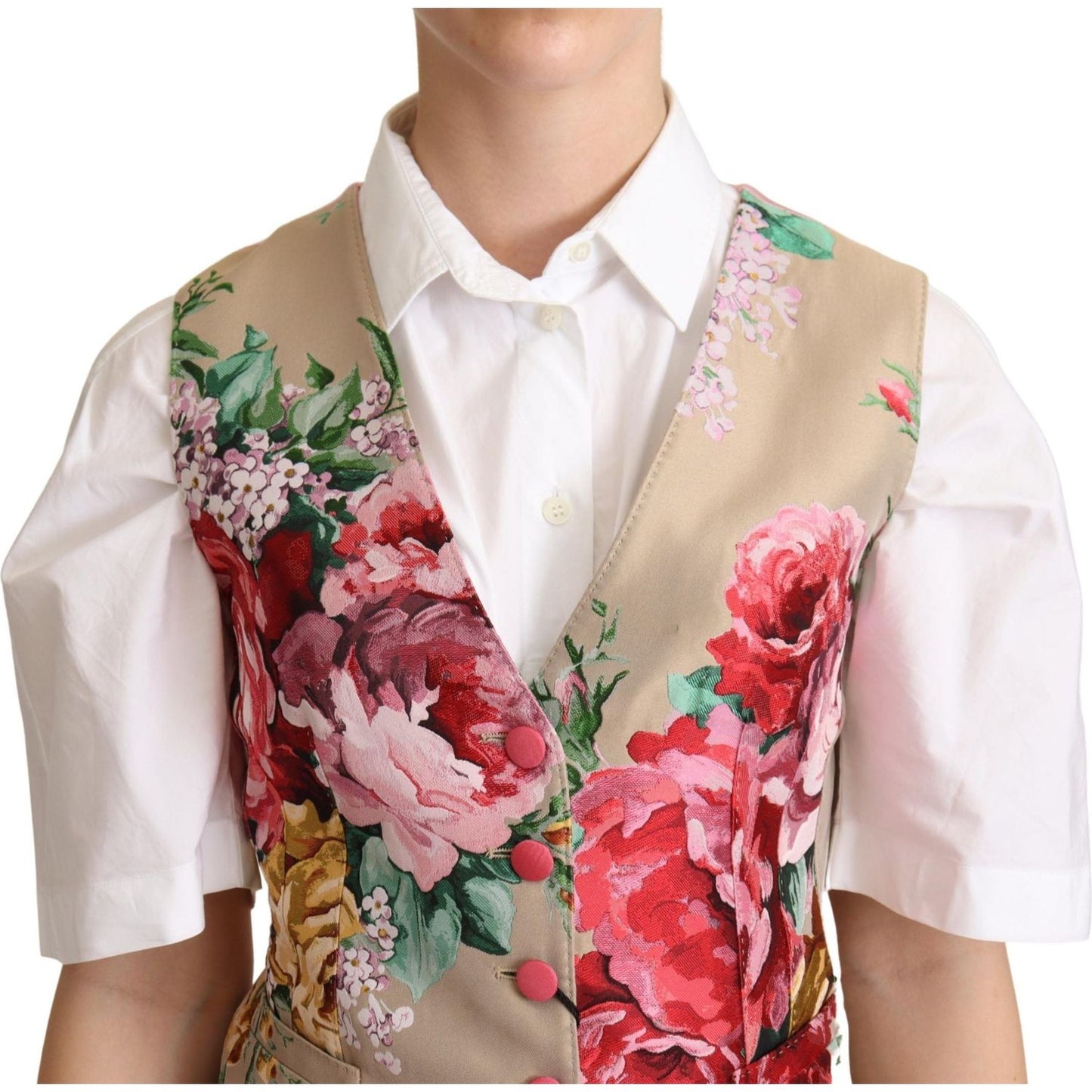 Dolce & Gabbana | Beige Jacquard Floral Print Waistcoat Vest | McRichard Designer Brands