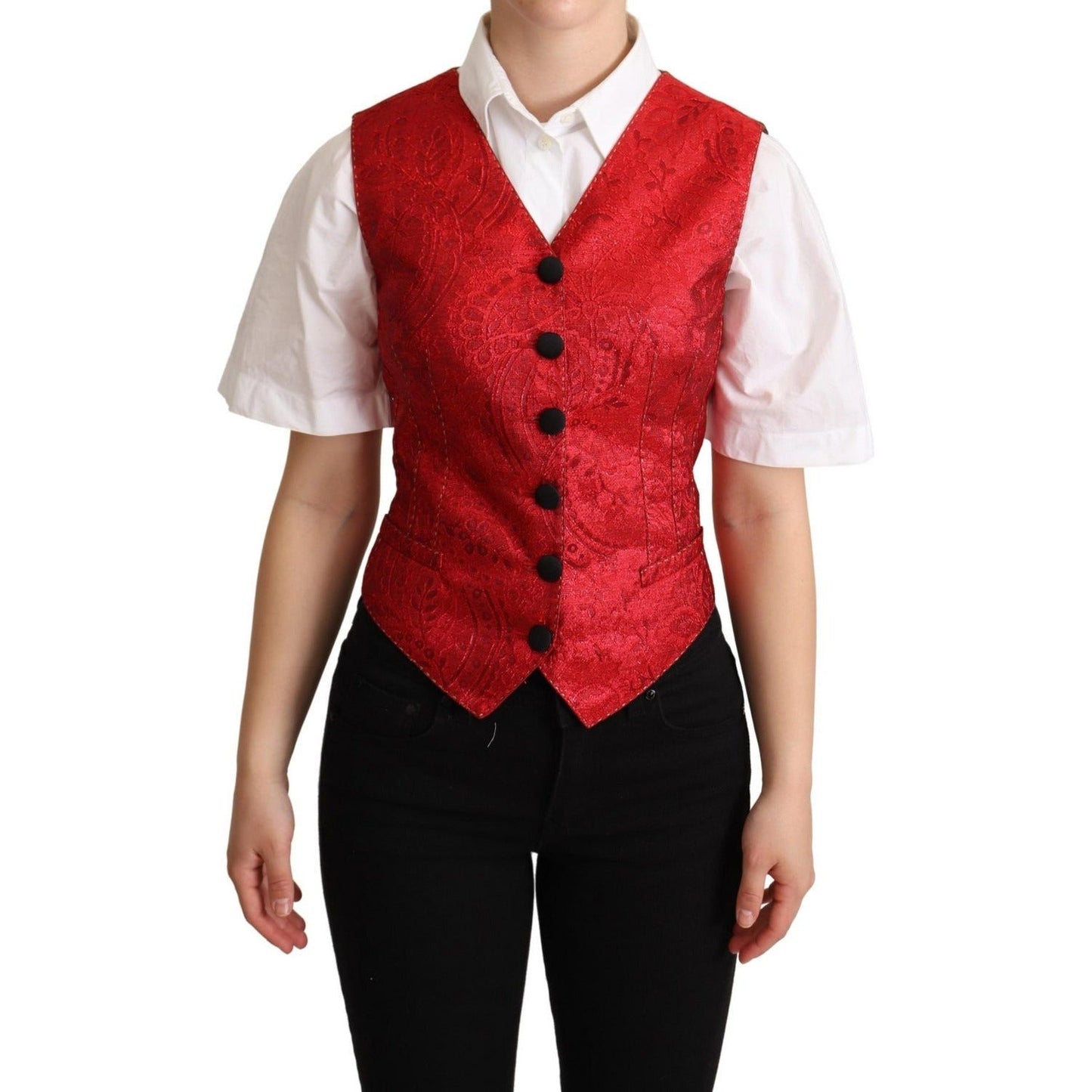 Dolce & Gabbana | Red Brocade Leopard Print Waistcoat Vest | McRichard Designer Brands