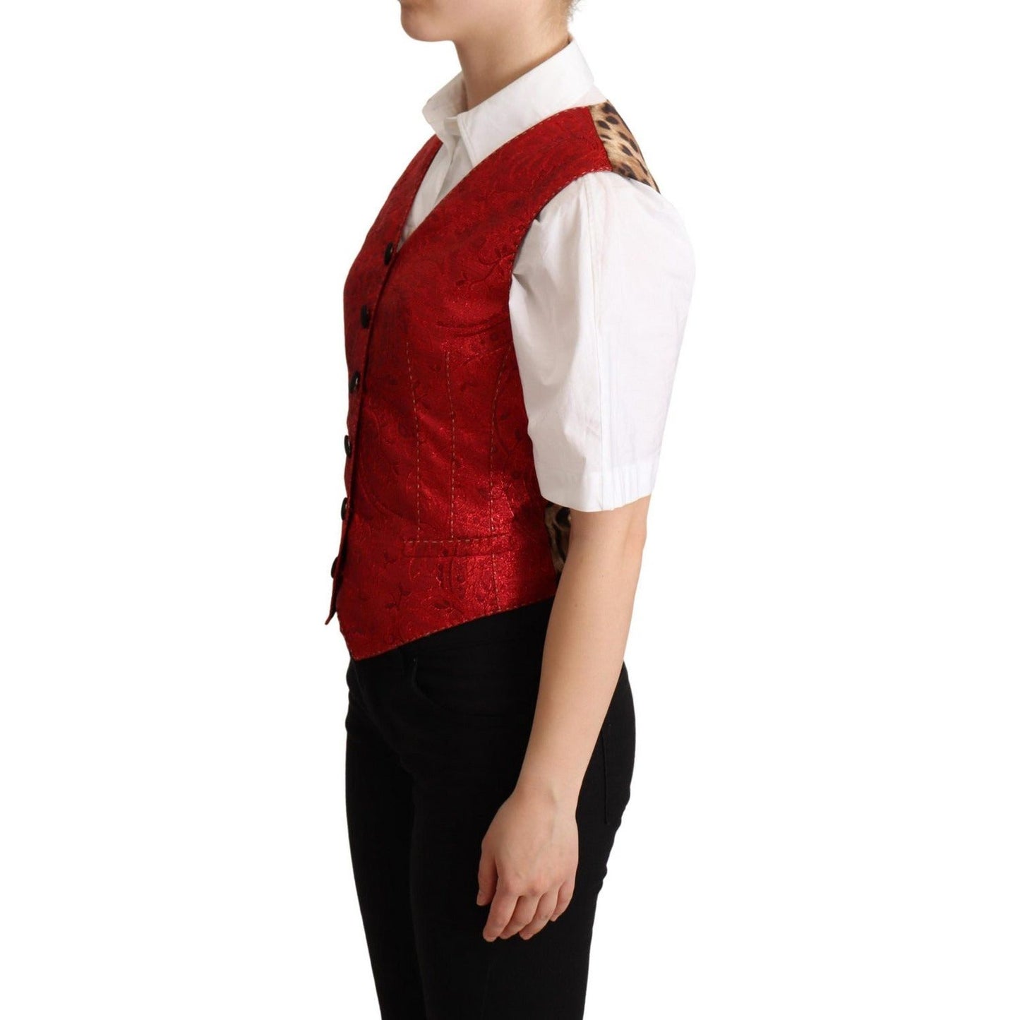 Dolce & Gabbana | Red Brocade Leopard Print Waistcoat Vest | McRichard Designer Brands