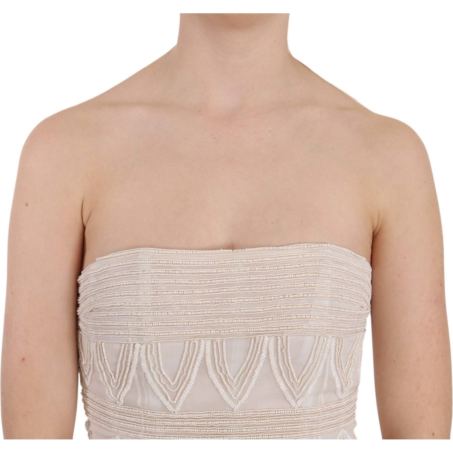 John Richmond | Beige Beaded Silk Short Mini Gown  Dress | McRichard Designer Brands