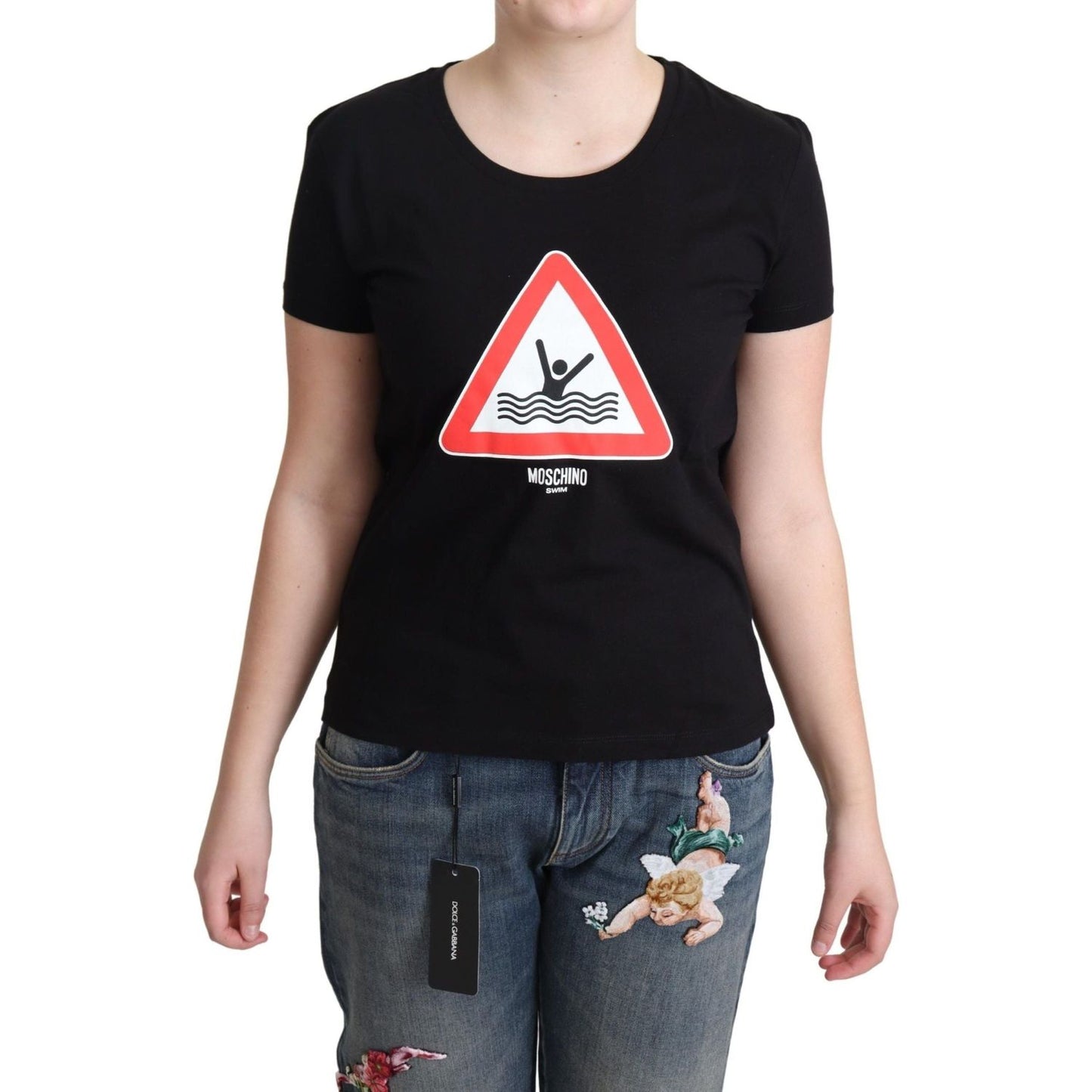 Moschino | Black Cotton Swim Graphic Triangle Print  T-shirt | 89.00 - McRichard Designer Brands