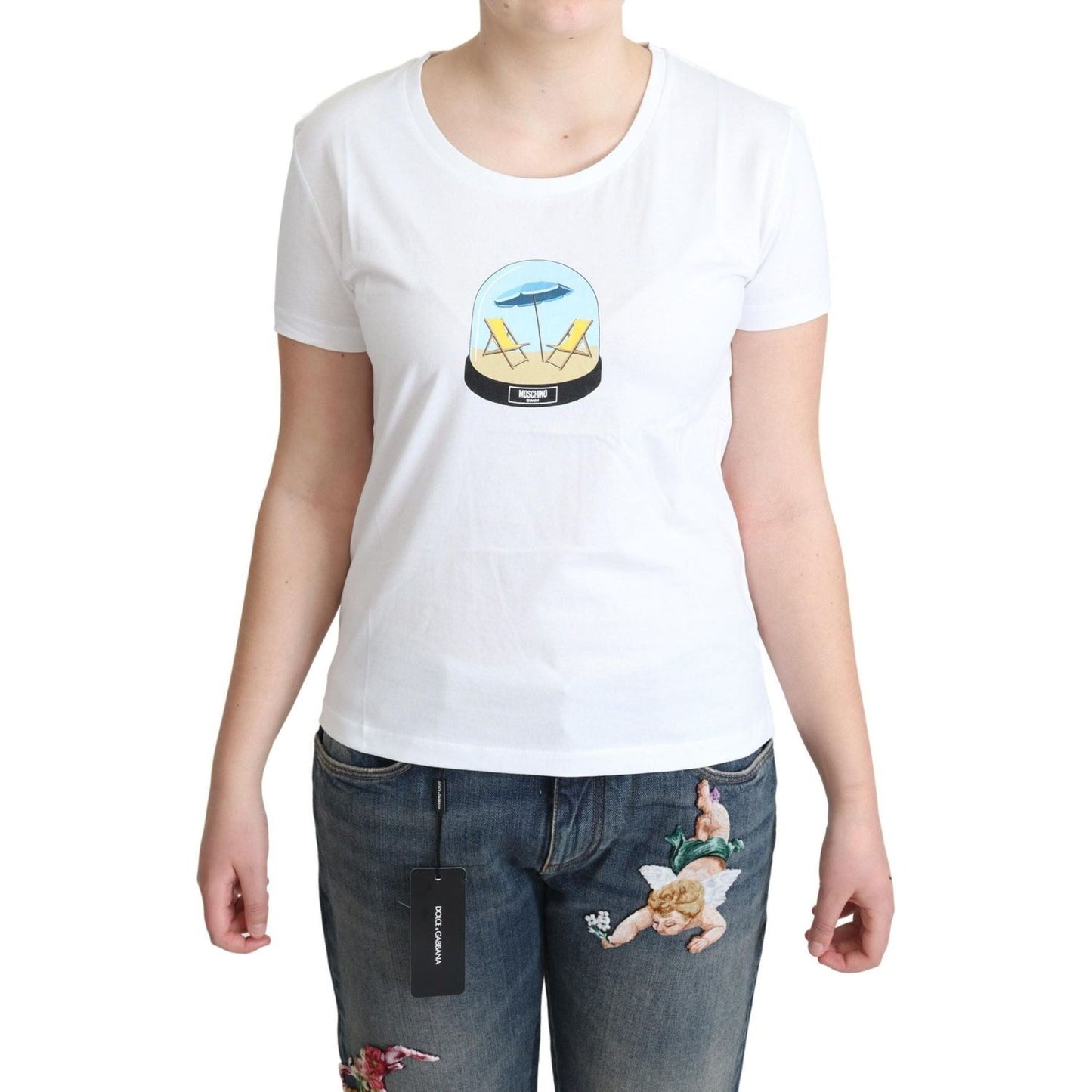 Moschino | White Printed Cotton Short Sleeves Tops T-shirt | 89.00 - McRichard Designer Brands