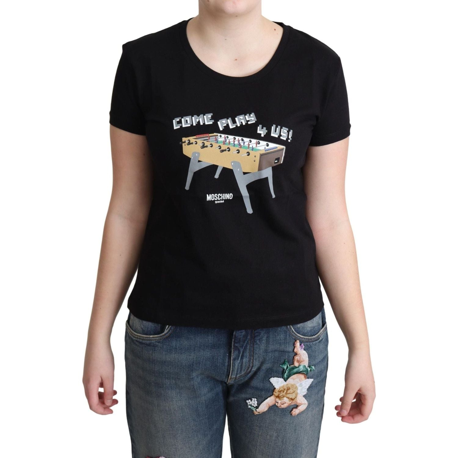Moschino | Black Cotton Come Play 4 Us Print Tops T-shirt | 89.00 - McRichard Designer Brands