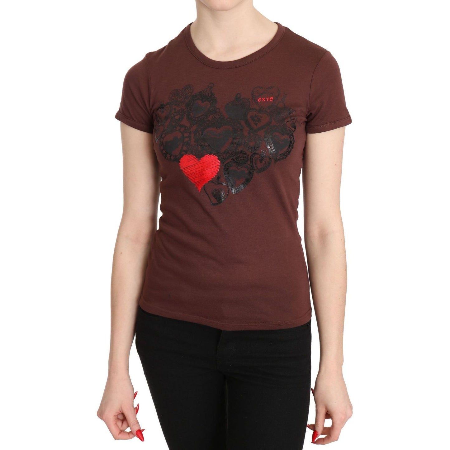 Exte | Brown Hearts Printed Round Neck T-shirt Top | McRichard Designer Brands