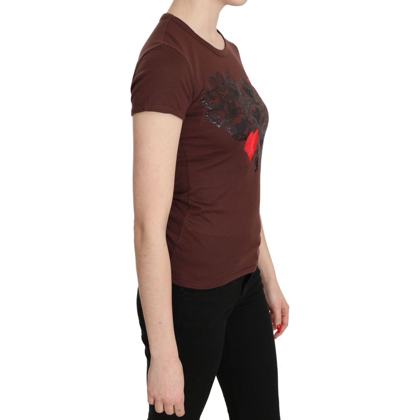 Exte | Brown Hearts Printed Round Neck T-shirt Top | McRichard Designer Brands