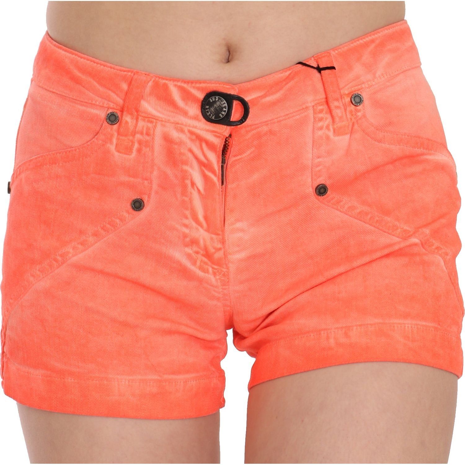 PLEIN SUD | Orange Mid Waist Cotton Denim Mini Shorts | McRichard Designer Brands