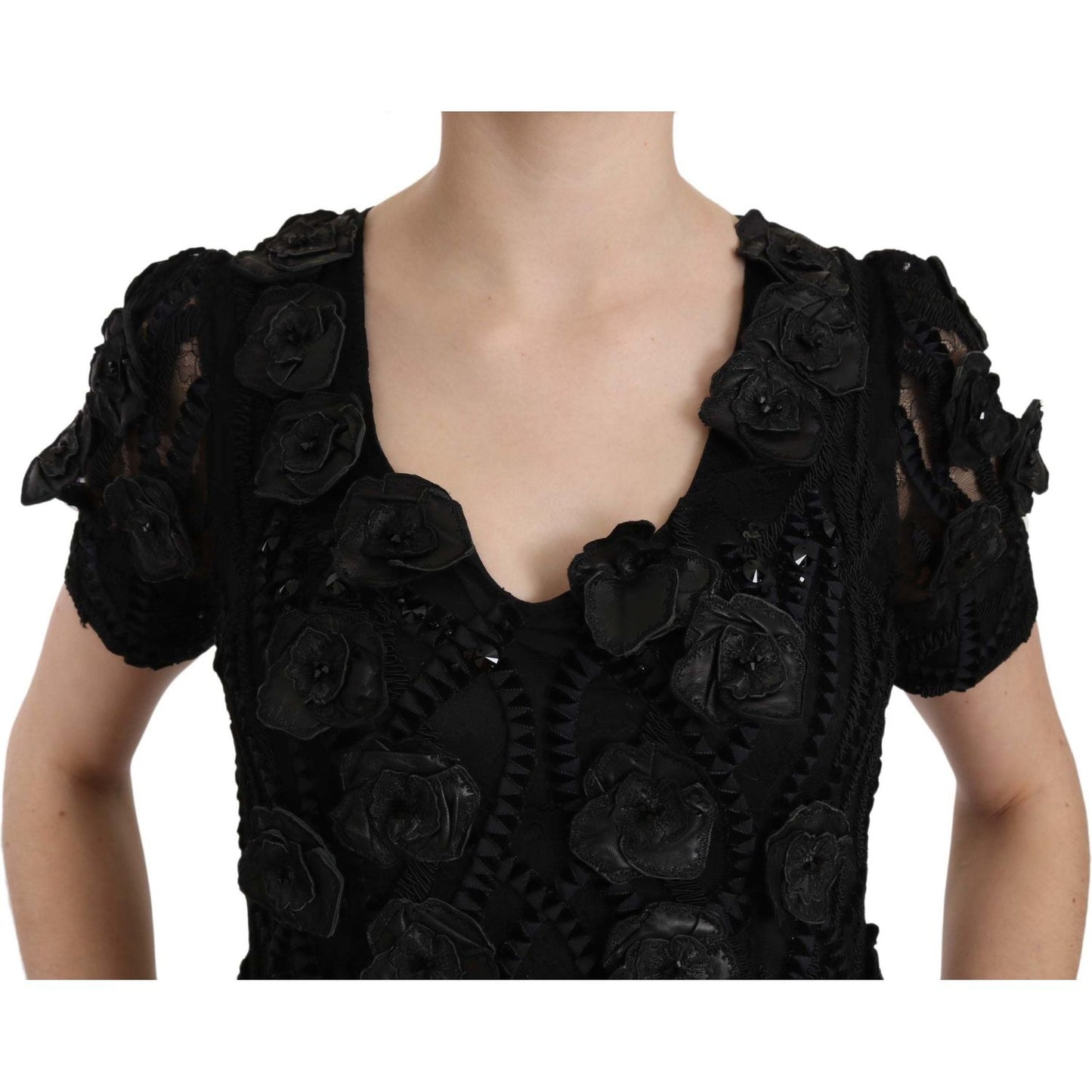 John Richmond | Black Silk Leather Flowers Sheath Dress | McRichard Designer Brands
