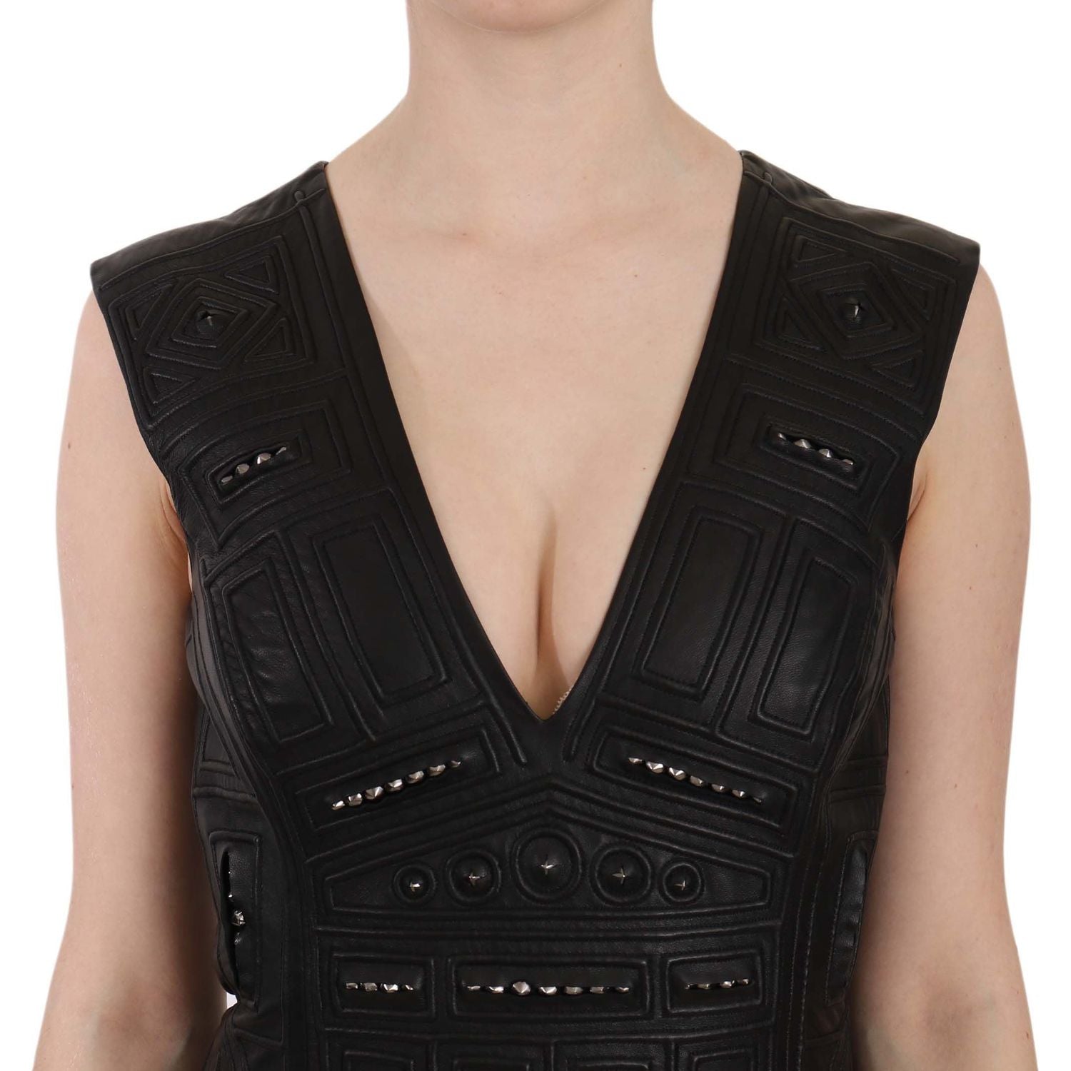 John Richmond | Black Leather Studded Mini Shift Dress | McRichard Designer Brands