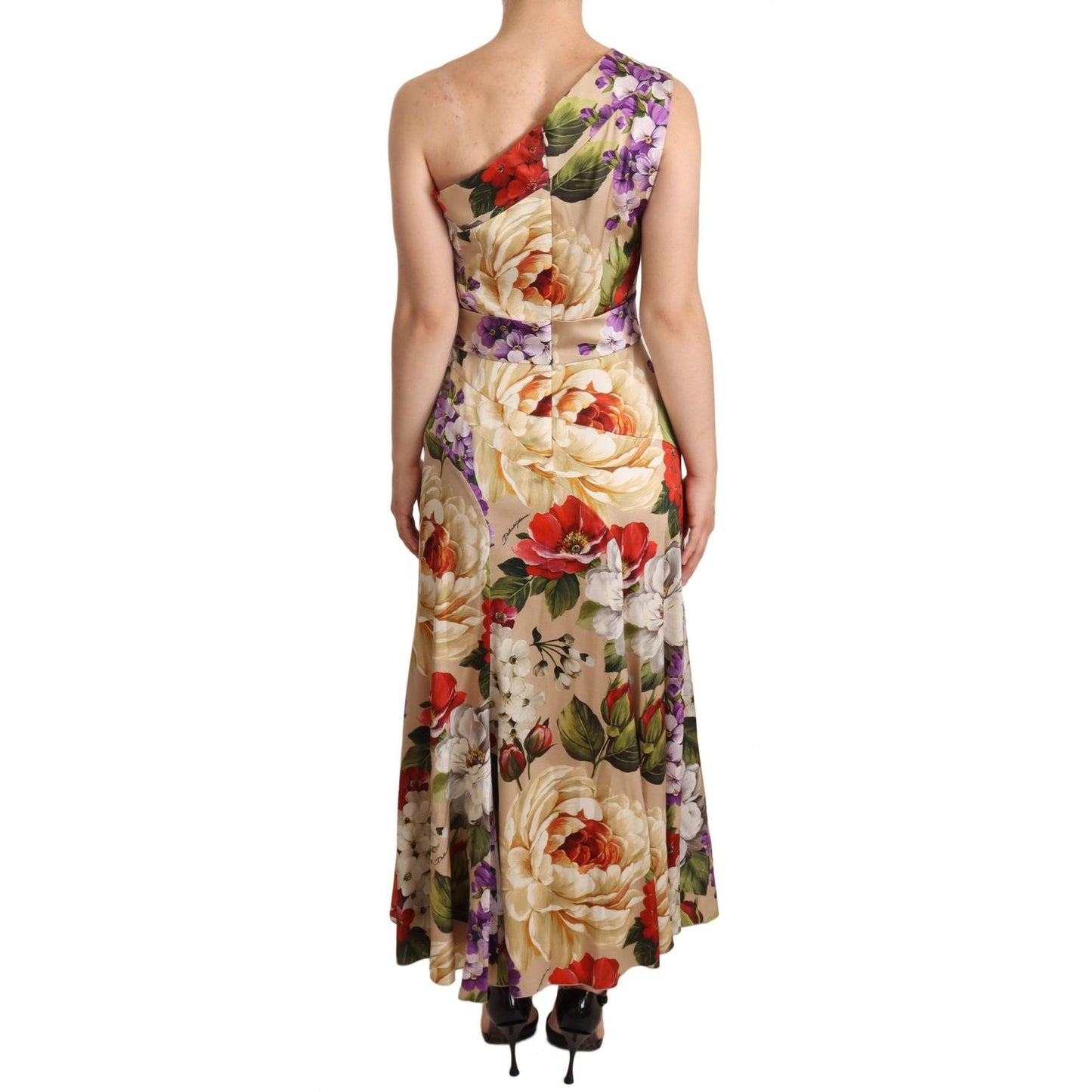 Dolce & Gabbana | Beige One Shoulder Floral Mid Length Dress | McRichard Designer Brands