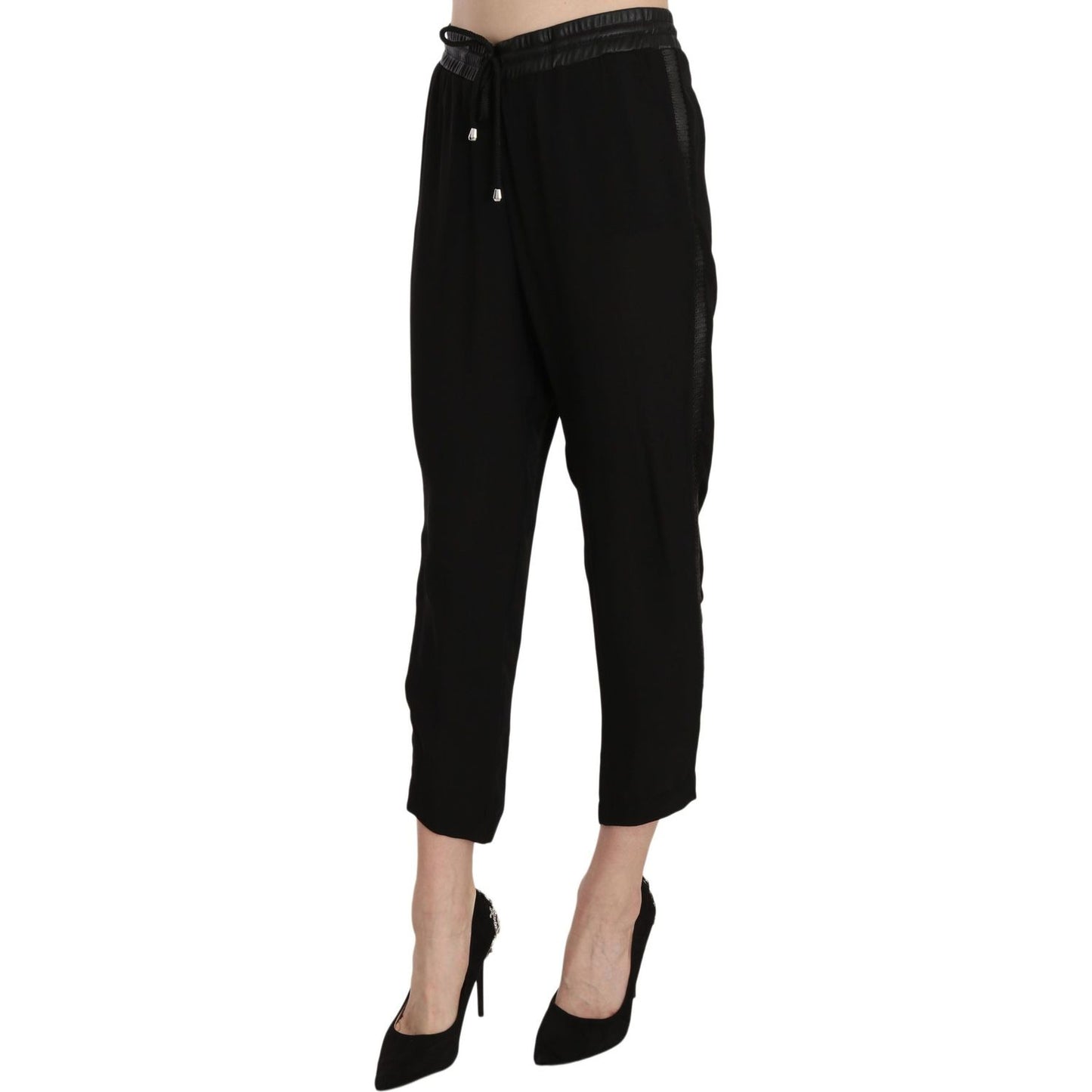 Guess | Black Polyester High Waist Cropped Trousers Pants | McRichard Designer Brands
