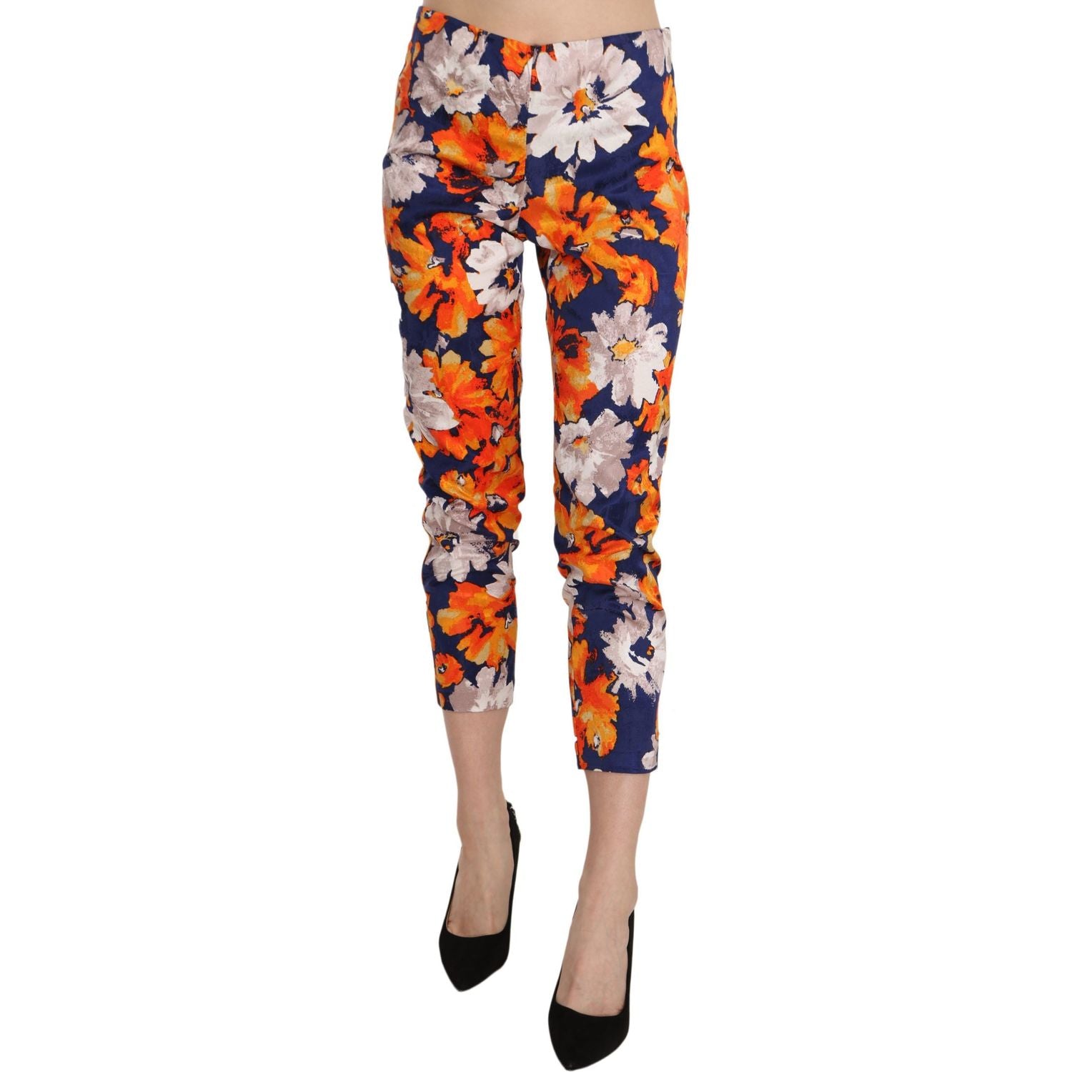LANACAPRINA | Blue Floral Print Skinny Slim Fit Trousers Pants | McRichard Designer Brands