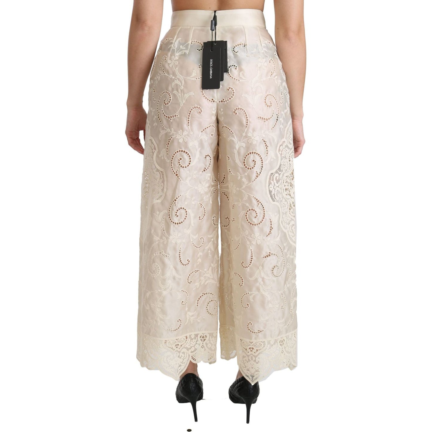 Dolce & Gabbana | Cream Lace High Waist Palazzo Cropped Pants | McRichard Designer Brands