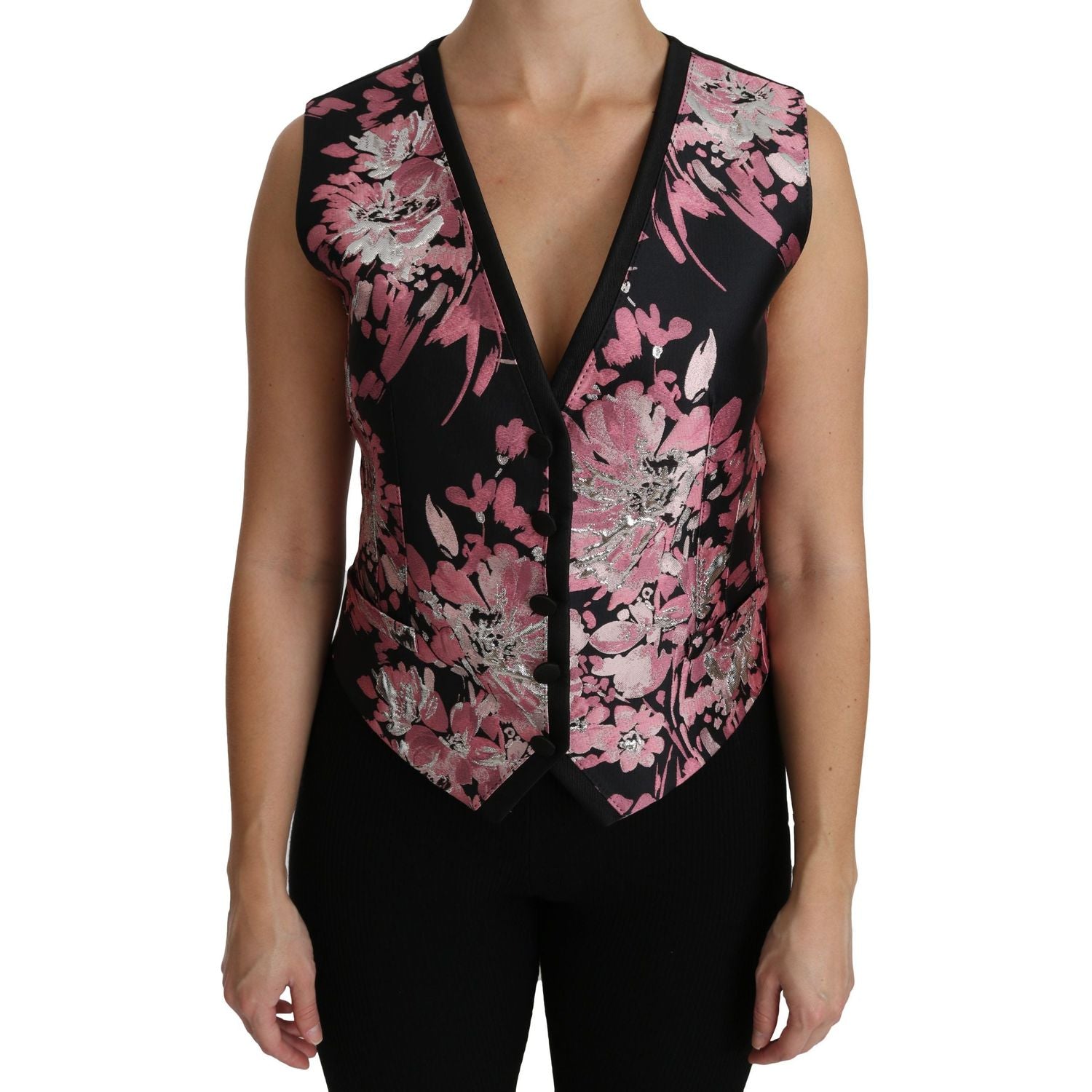Dolce & Gabbana | Black Pink Floral Waistcoat Vest Blouse Top | McRichard Designer Brands