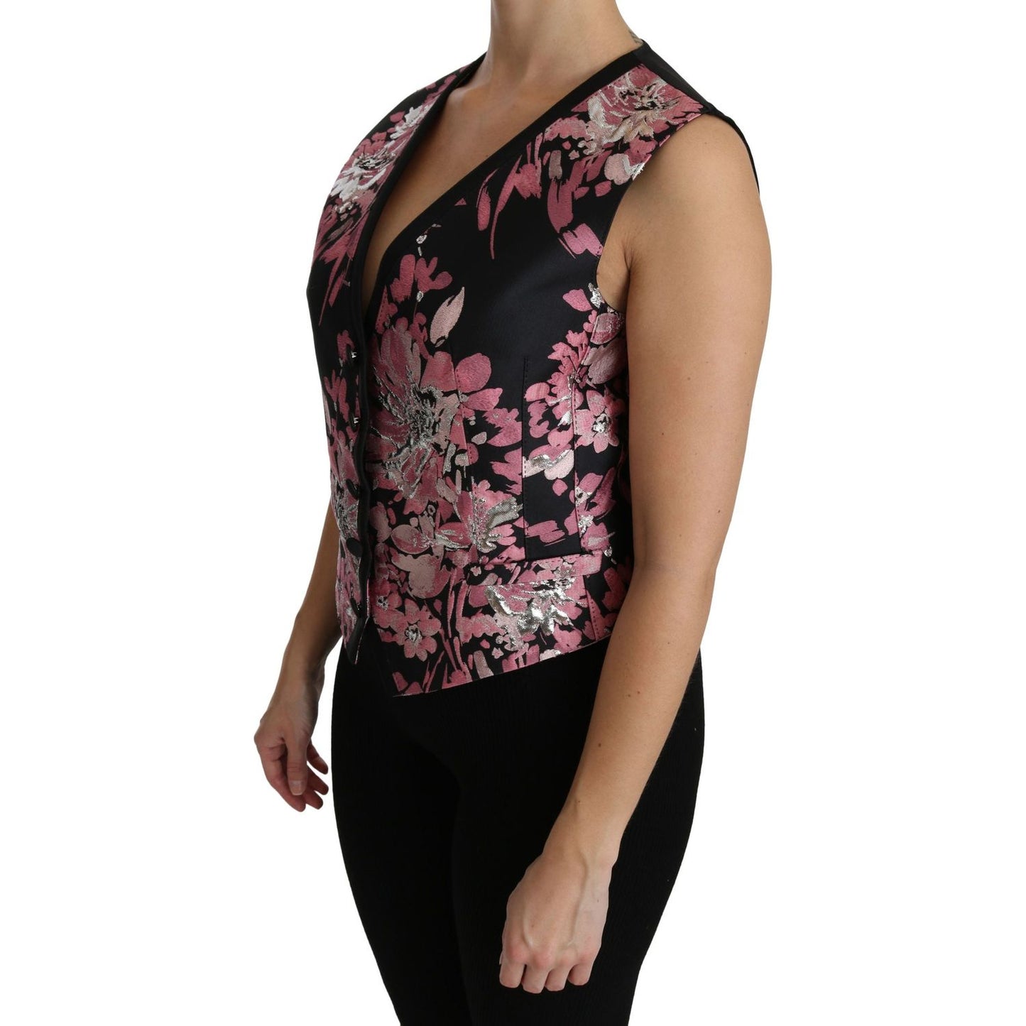 Dolce & Gabbana | Black Pink Floral Waistcoat Vest Blouse Top | McRichard Designer Brands