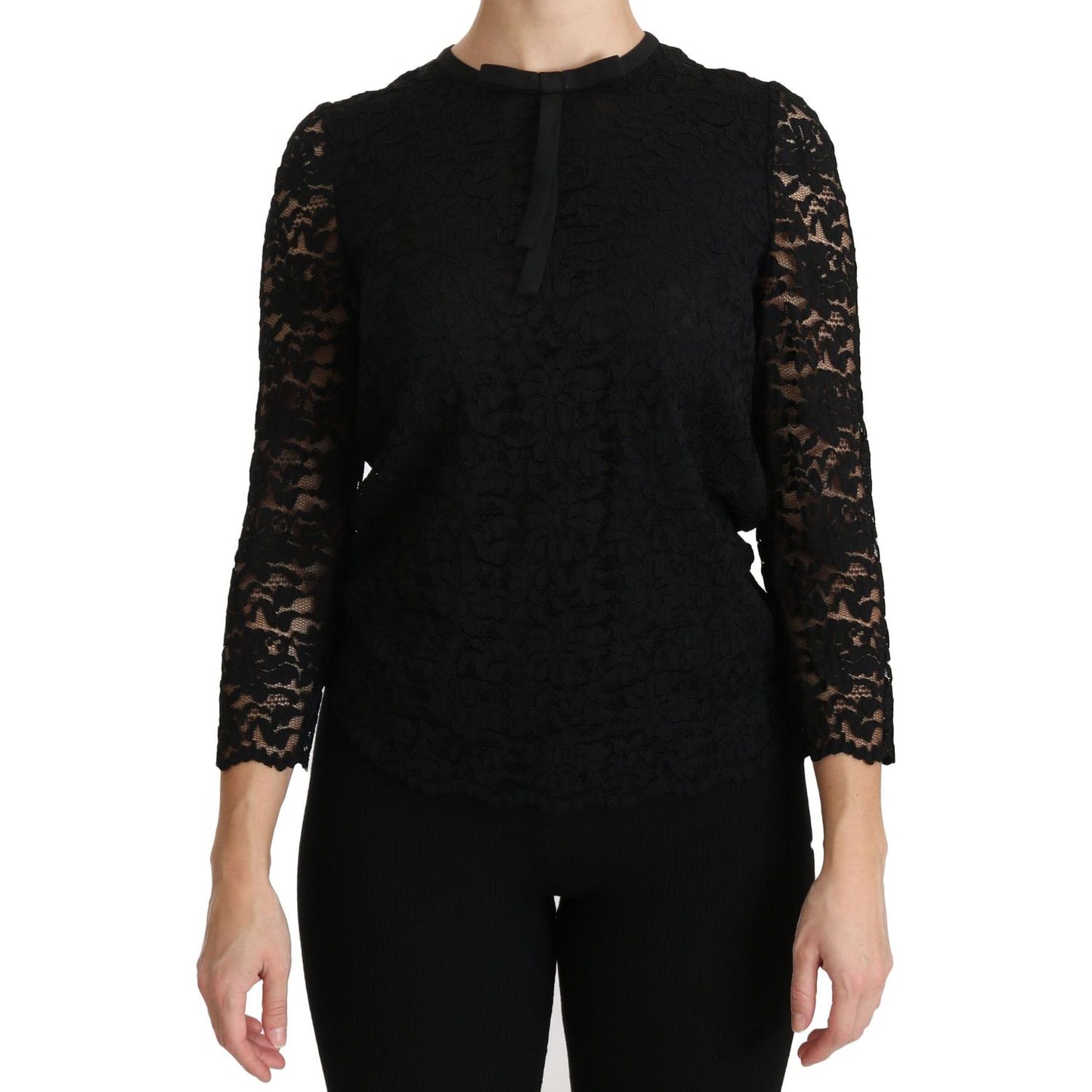 Dolce & Gabbana | Black Lace Long Sleeve Nylon Blouse | McRichard Designer Brands