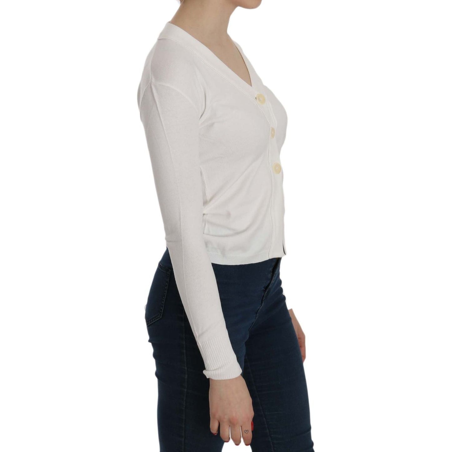 BYBLOS | White V-neck Long Sleeve Cropped Cardigan Tops Sweater | McRichard Designer Brands
