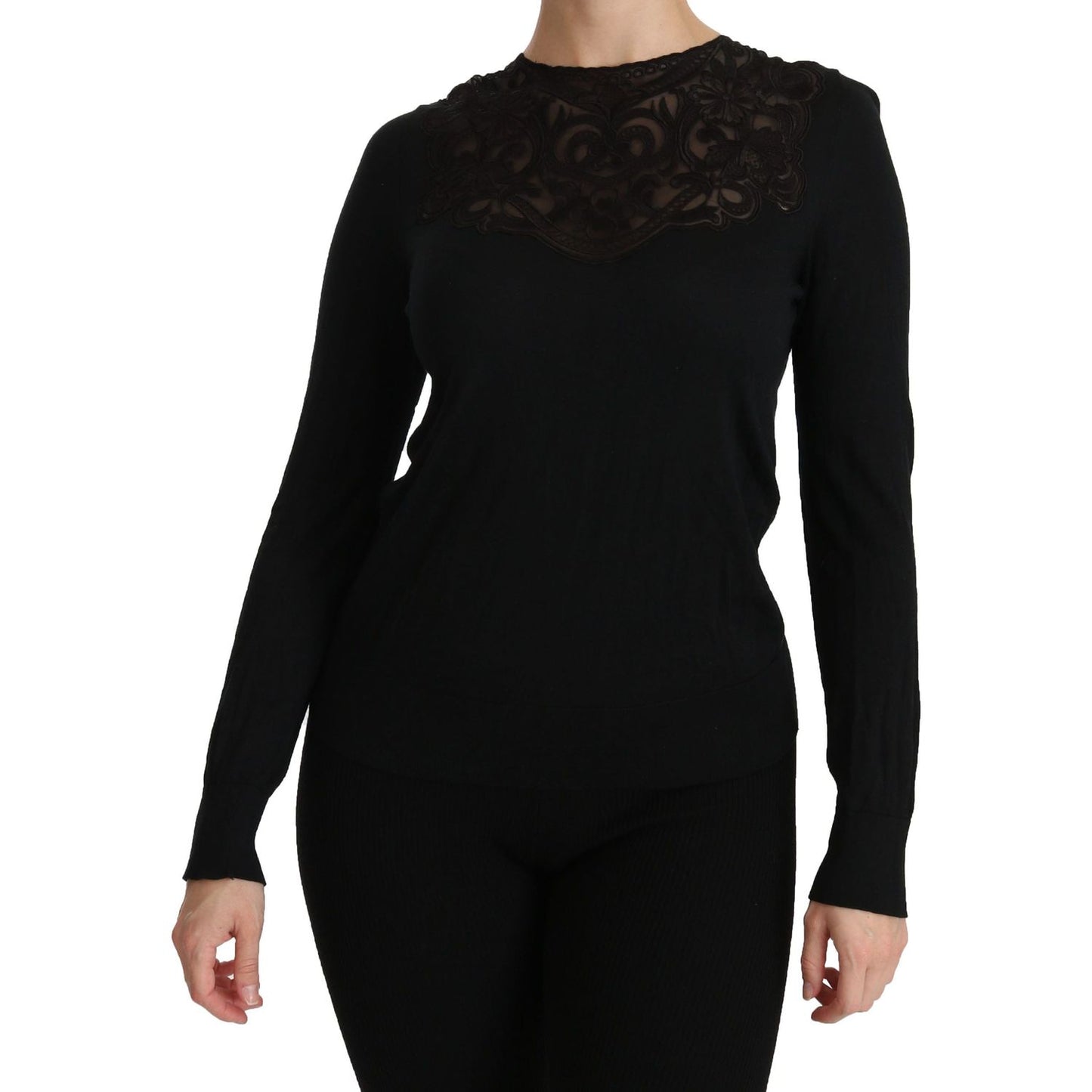 Dolce & Gabbana | Black Silk Lace Crew Neck Long Sleeve Blouse | McRichard Designer Brands