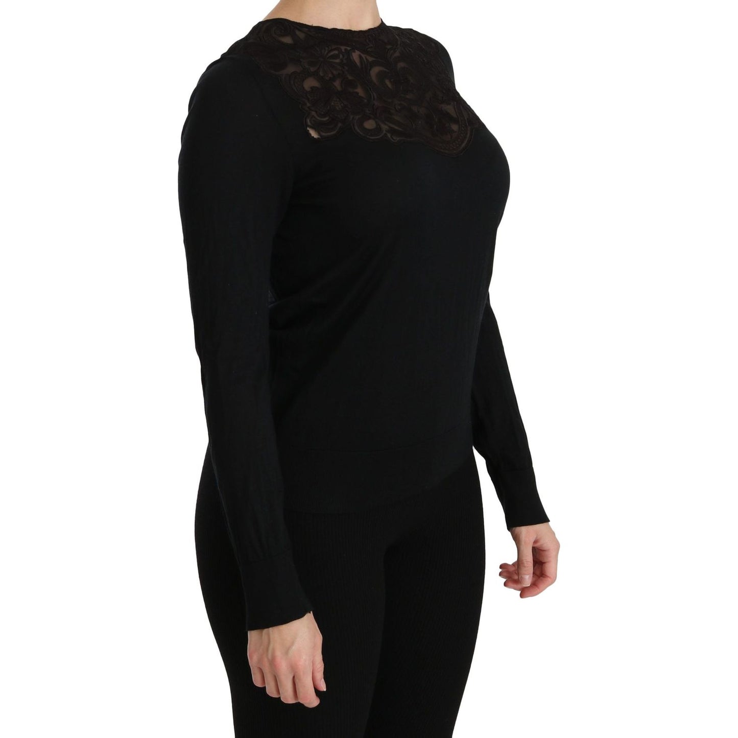 Dolce & Gabbana | Black Silk Lace Crew Neck Long Sleeve Blouse | McRichard Designer Brands