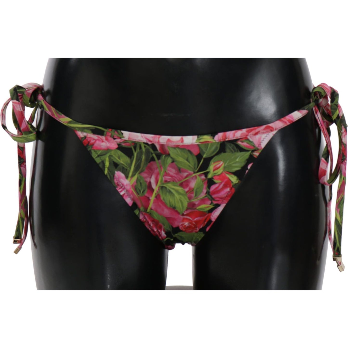 Dolce & Gabbana | Black Pink Rose Print Bottom Bikini Beachwear  | McRichard Designer Brands
