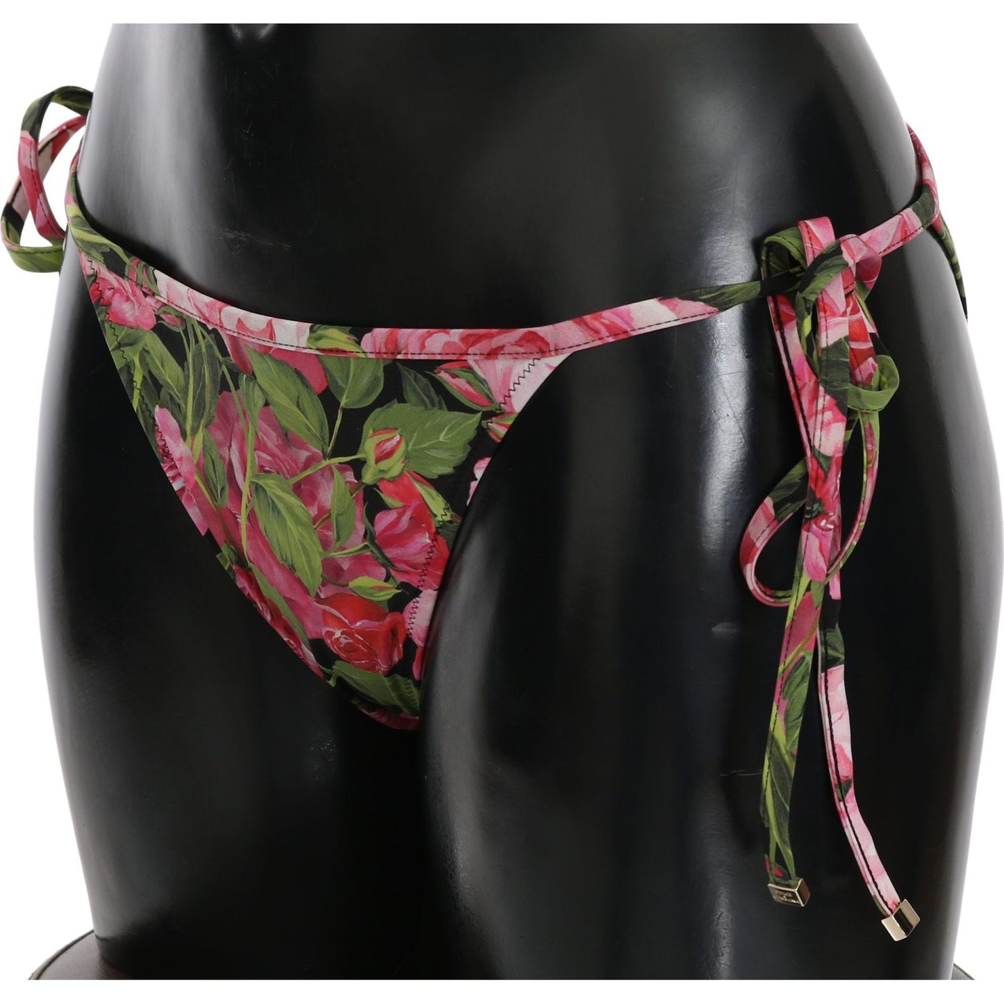 Dolce & Gabbana | Black Pink Rose Print Bottom Bikini Beachwear  | McRichard Designer Brands