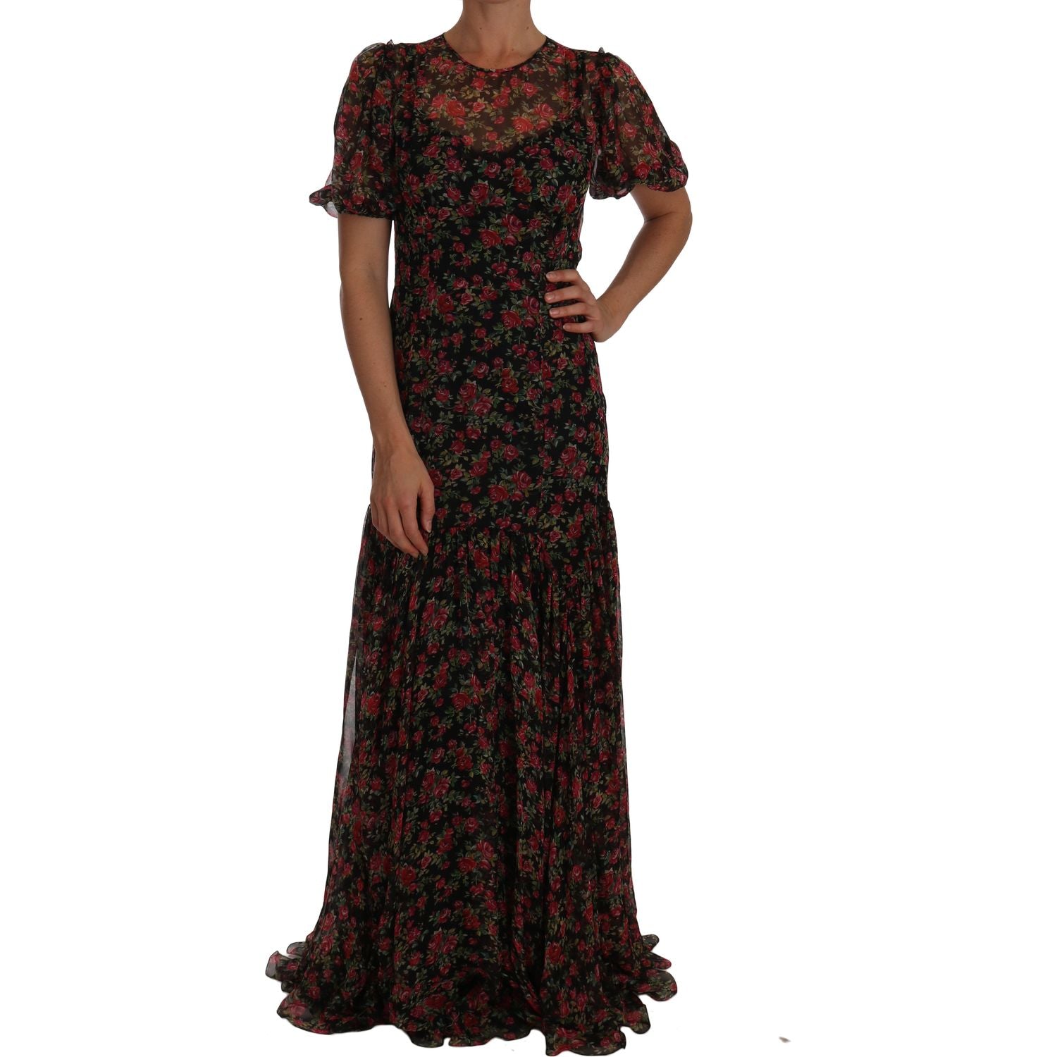 Dolce & Gabbana | Black Floral Roses A-Line Shift Gown | McRichard Designer Brands