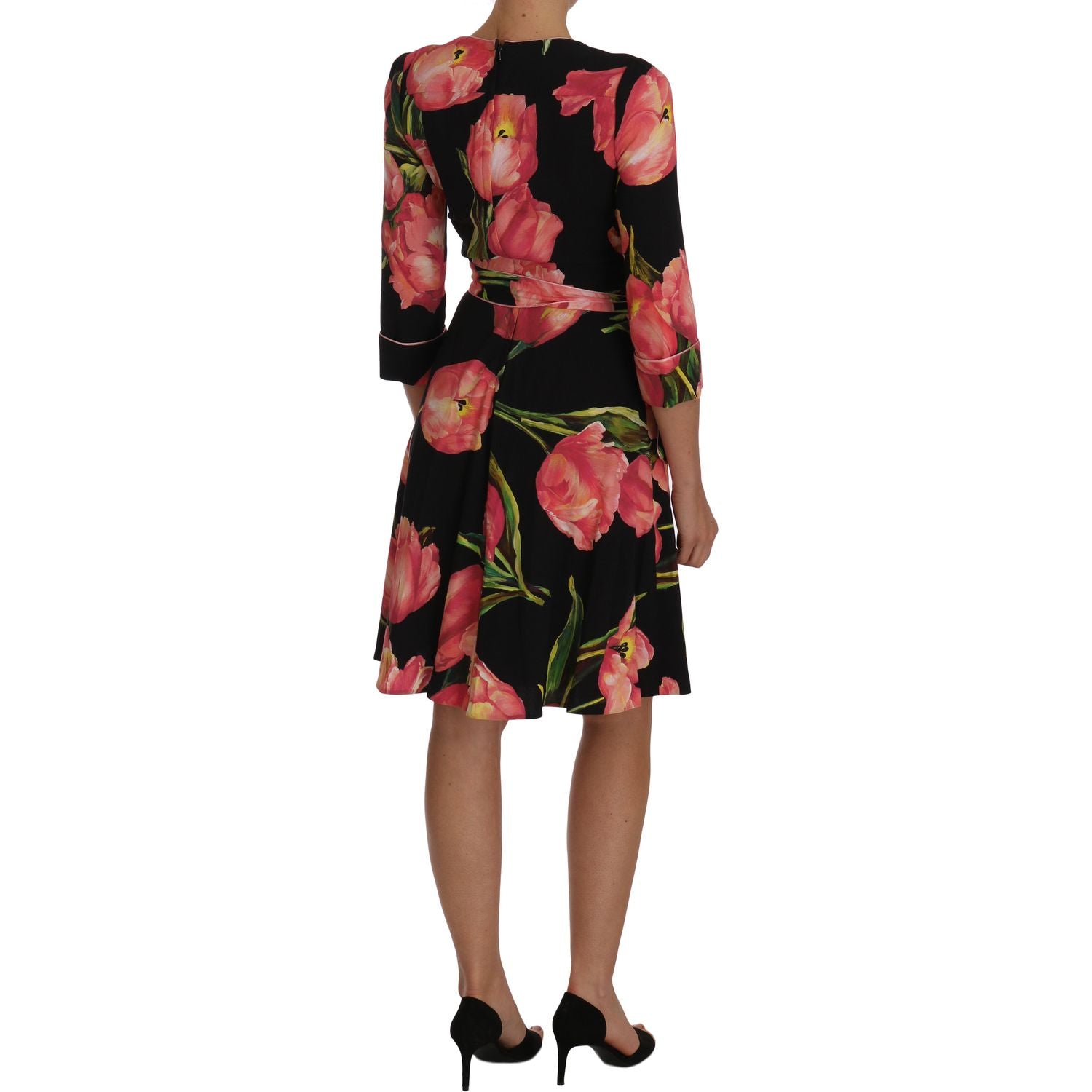 Dolce & Gabbana | Black Pink Tulip Print Stretch Shift Dress | McRichard Designer Brands