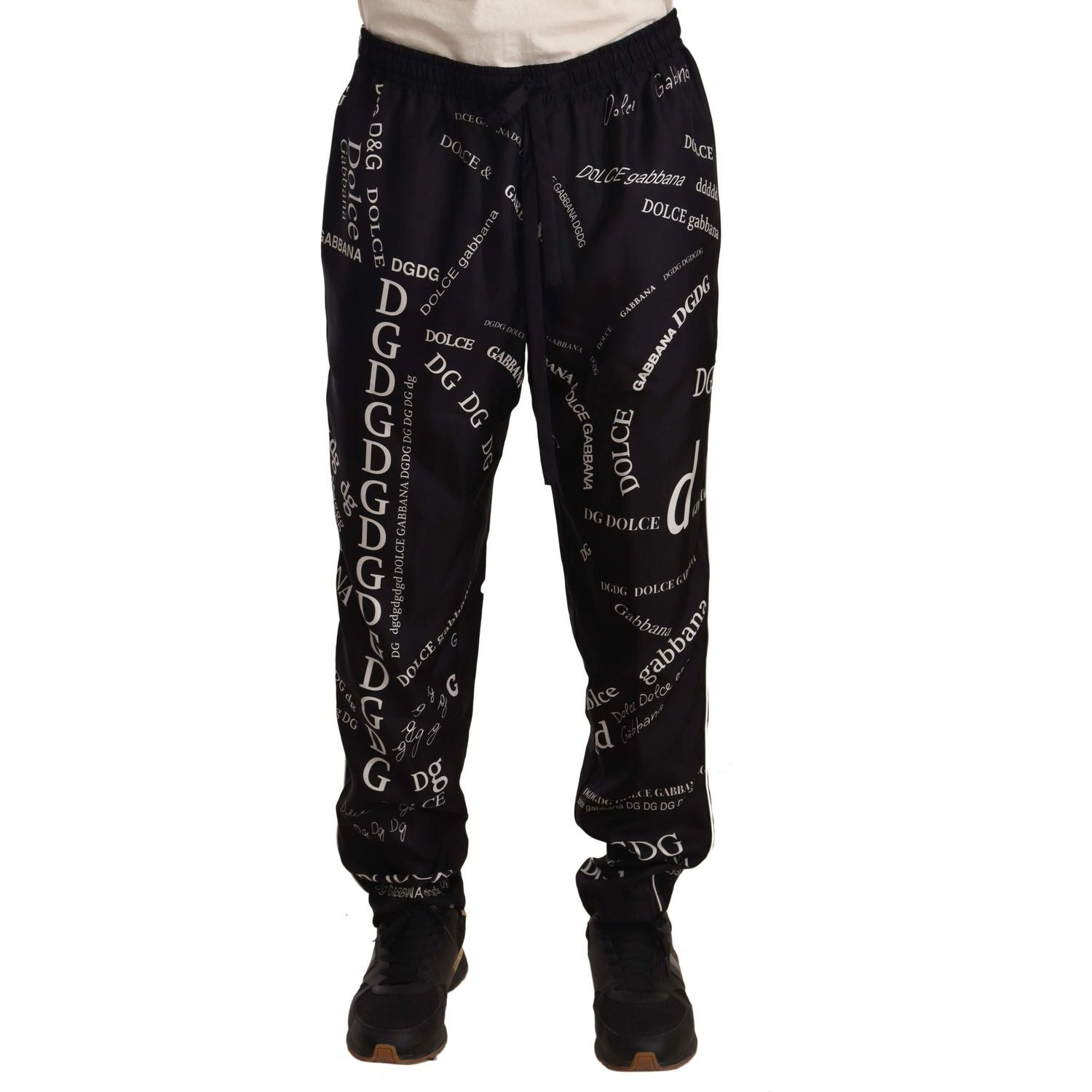 Dolce & Gabbana | Black Silk Logo Print Lounge Jogging Trousers Pants | McRichard Designer Brands
