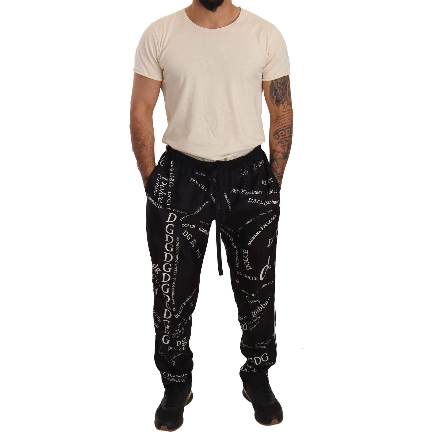 Dolce & Gabbana | Black Silk Logo Print Lounge Jogging Trousers Pants | McRichard Designer Brands