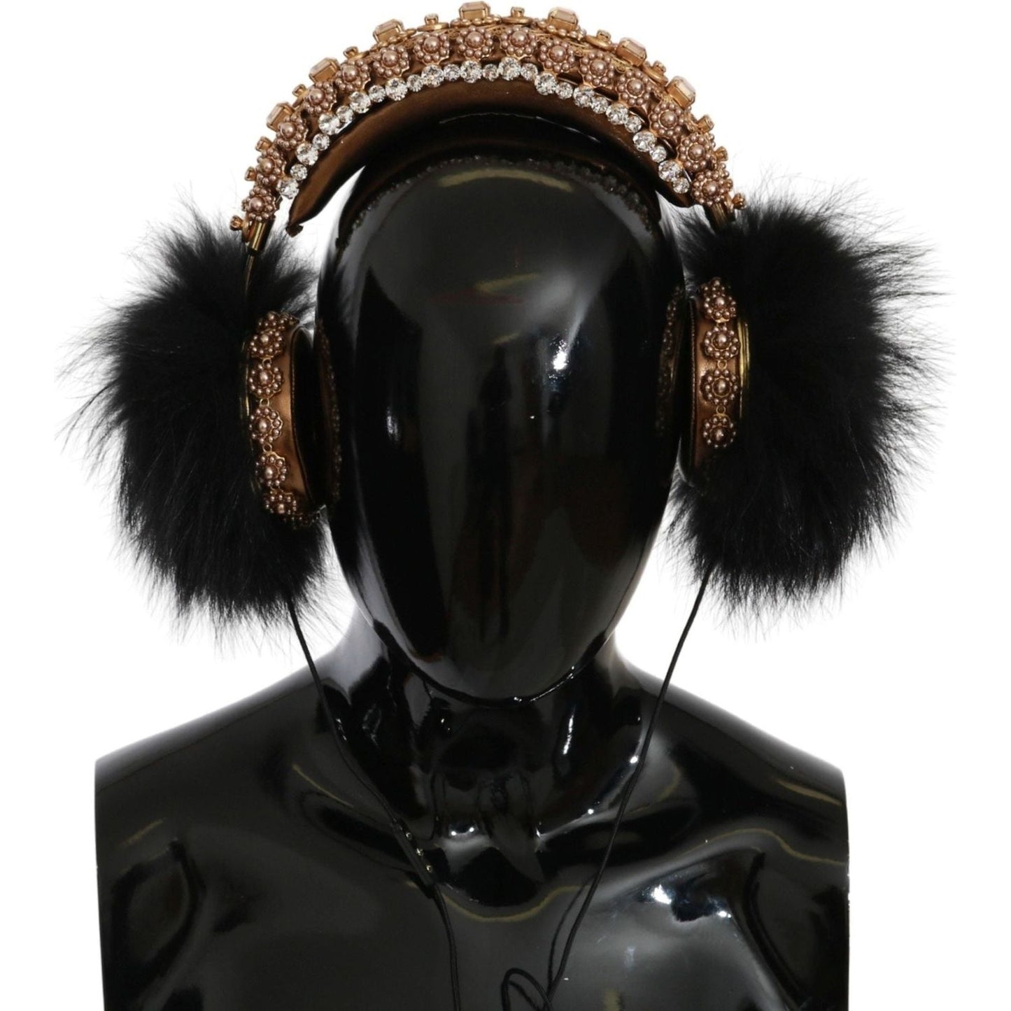 Dolce & Gabbana | Gold Black Crystal Fur Headset Audio Headphones - McRichard Designer Brands