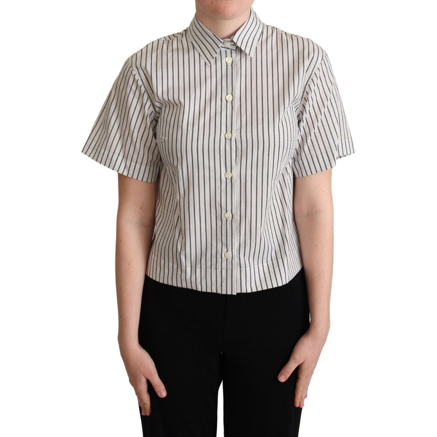 Dolce & Gabbana | White Black Striped Collared Shirt Blouse Top | McRichard Designer Brands