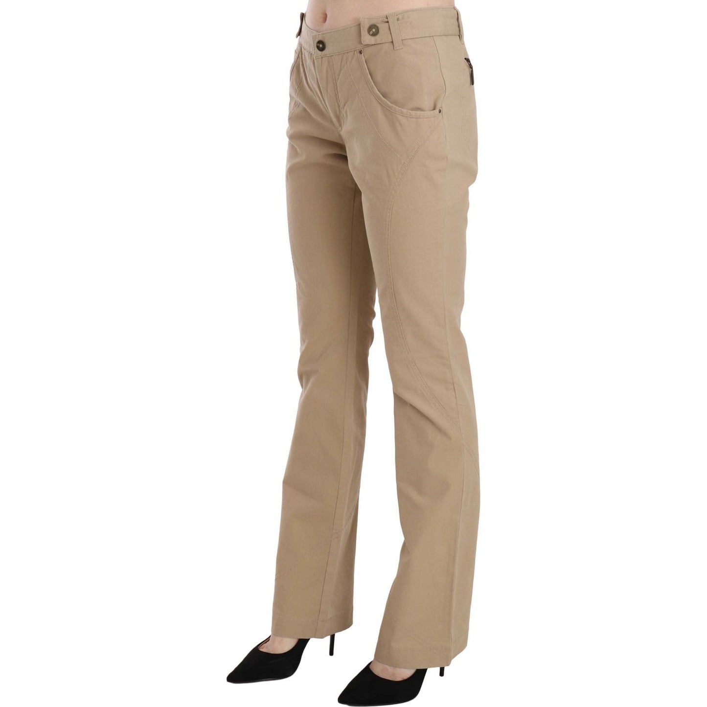 Just Cavalli | Beige Cotton Mid Waist Straight Trousers Pants | McRichard Designer Brands
