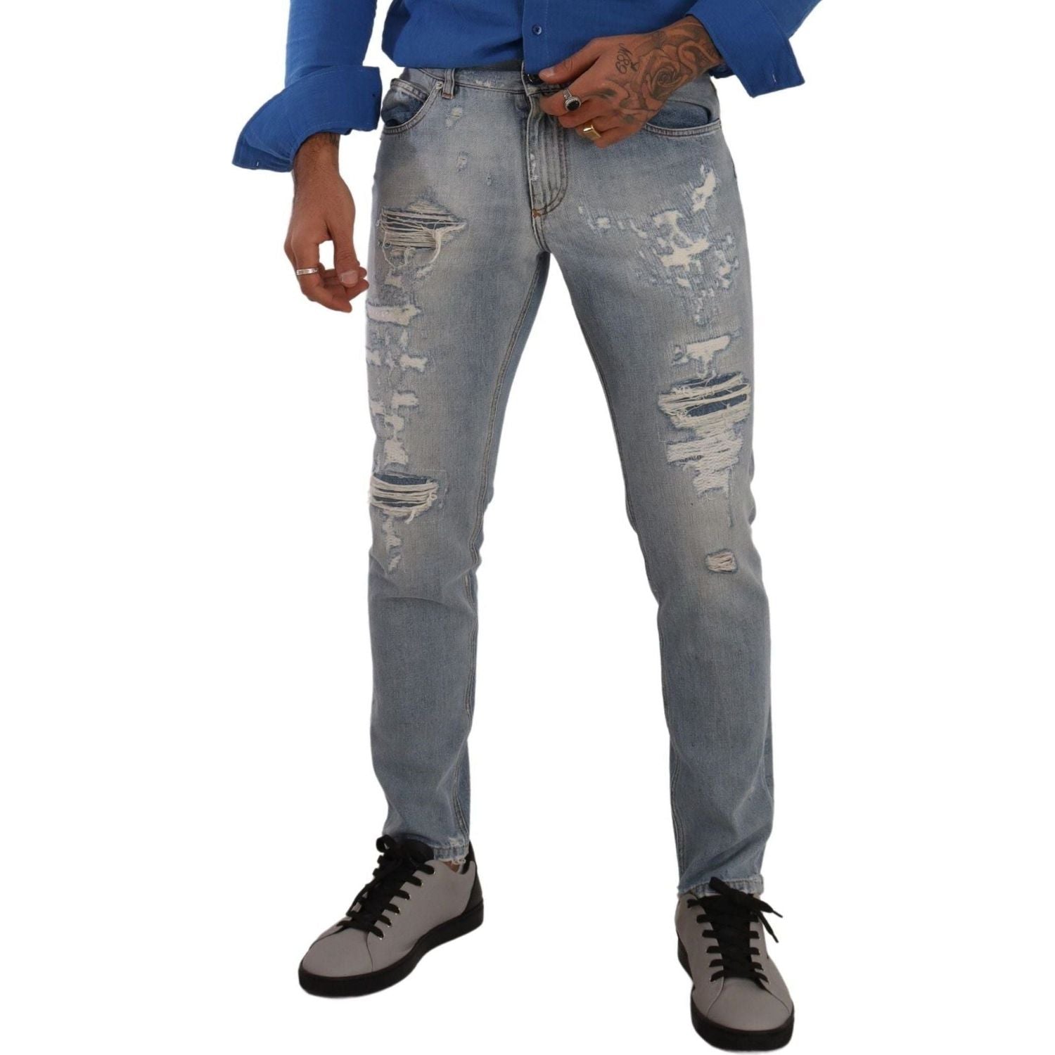 Dolce & Gabbana | Light Blue Tattered Cotton Regular Denim Jeans  | McRichard Designer Brands